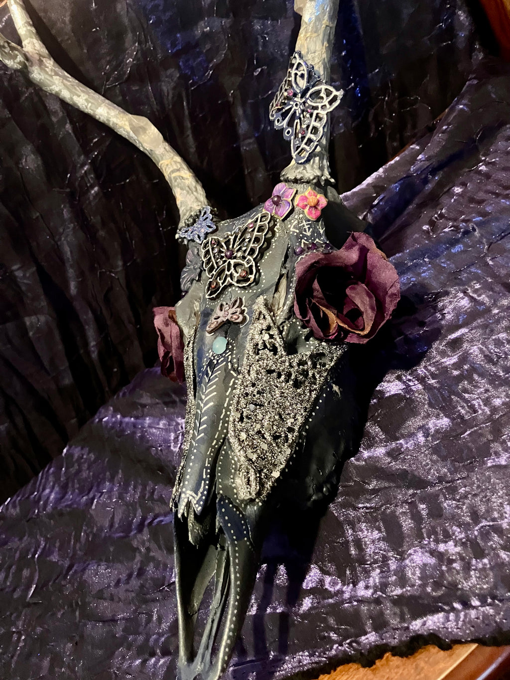 Crystal Butterfly Realm Decorated Deer Skull Altarpiece w/ Tanzanite, Ruby, Sapphire, Topaz  ++