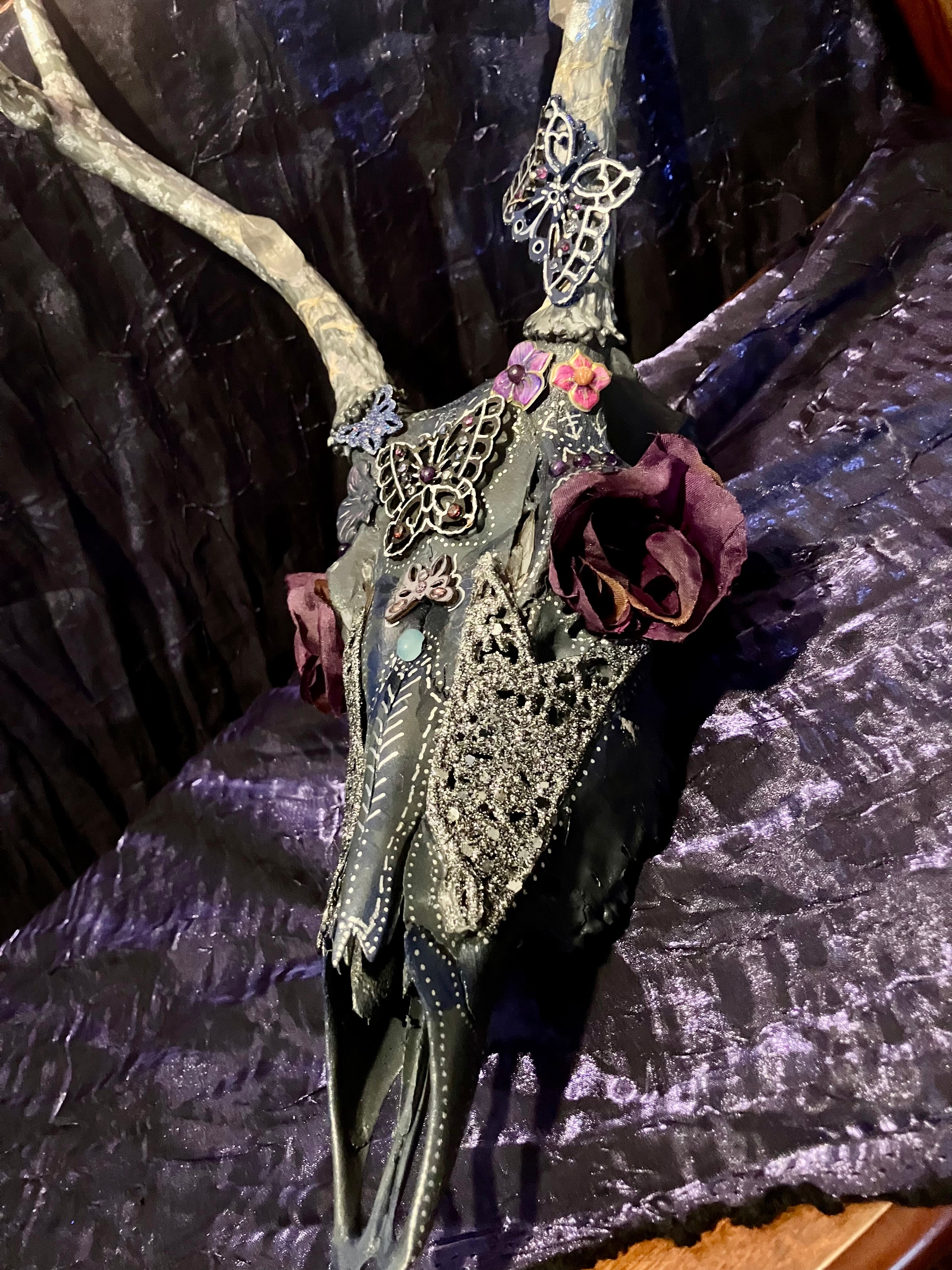 Crystal Butterfly Realm Decorated Deer Skull Altarpiece w/ Tanzanite, Ruby, Sapphire, Topaz  ++