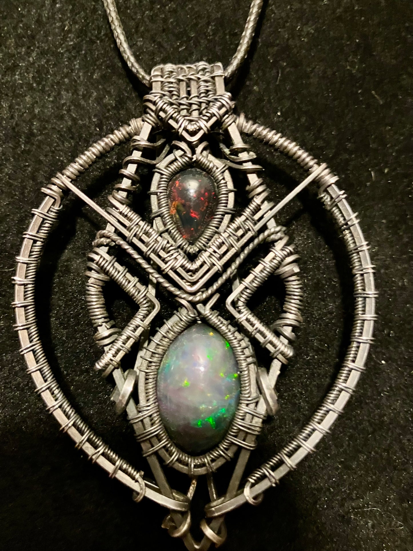 12 carat Double Black Opal Wire Wrapped Amulet in Tarnished Sterling Silver