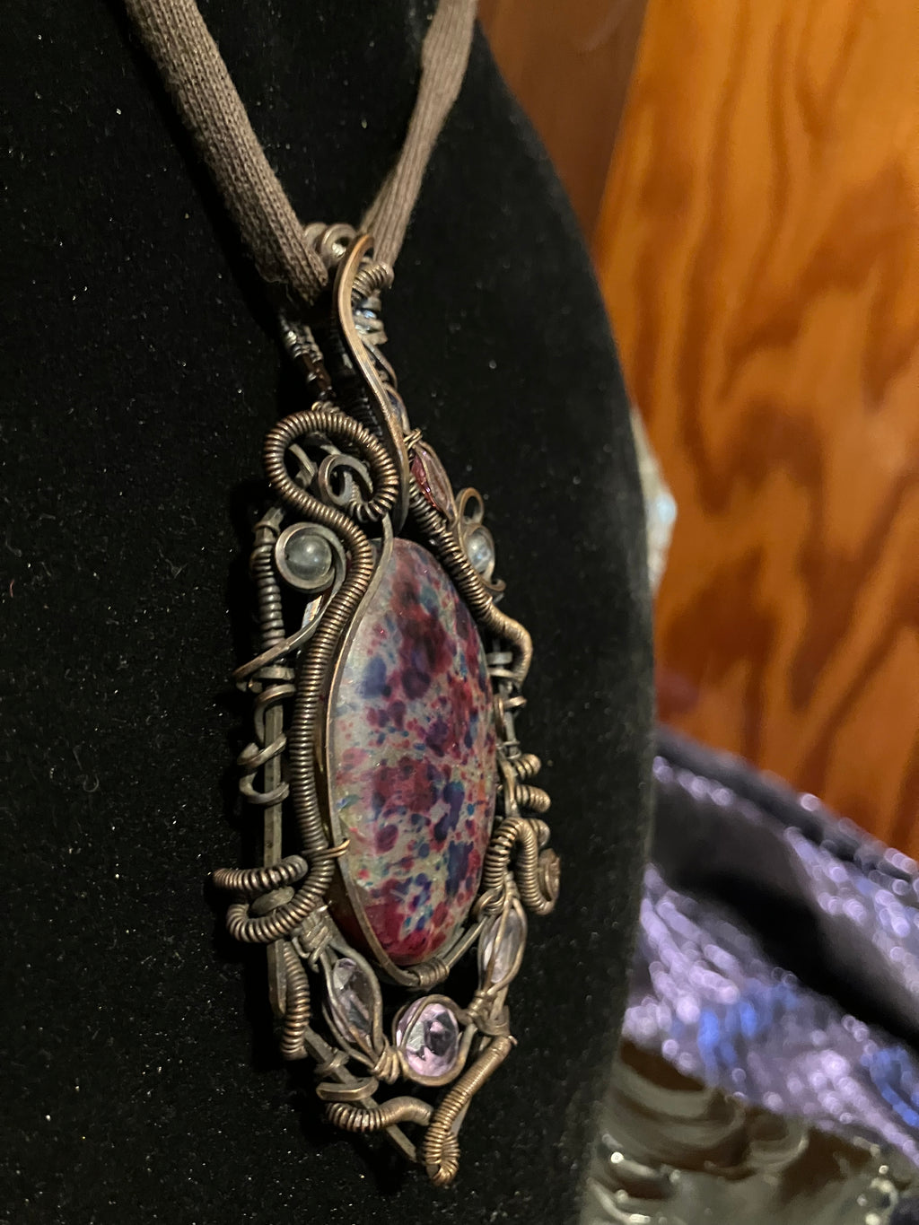 Harlequin Labradorite with Faceted Amethyst, Tanzanite & Pink Topaz Wire Wrapped Amulet Statement Pendant in Tarnished Copper
