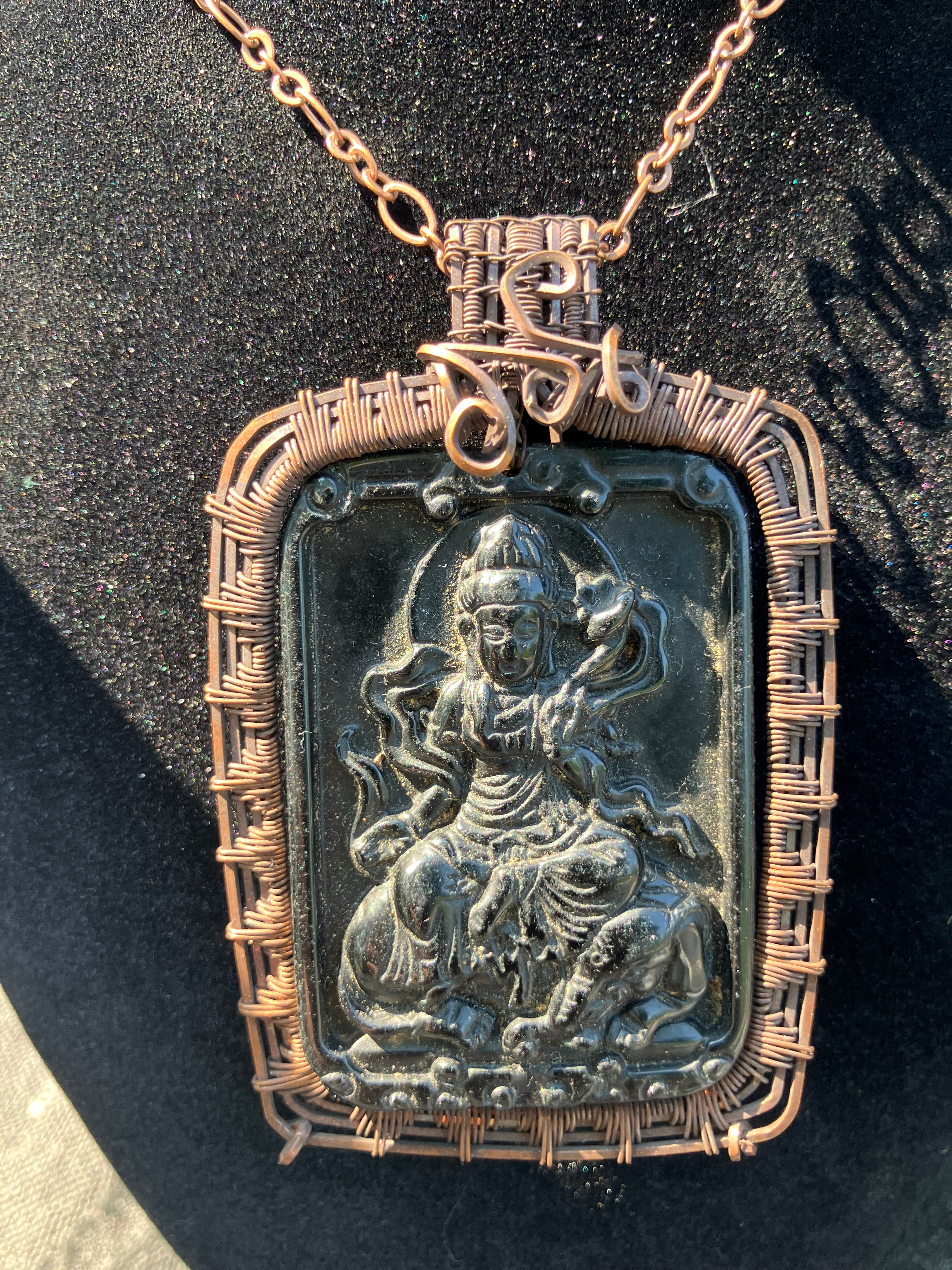 Krishna Carved Obsidian Wire Wrapped Pendant in Tarnished Copper