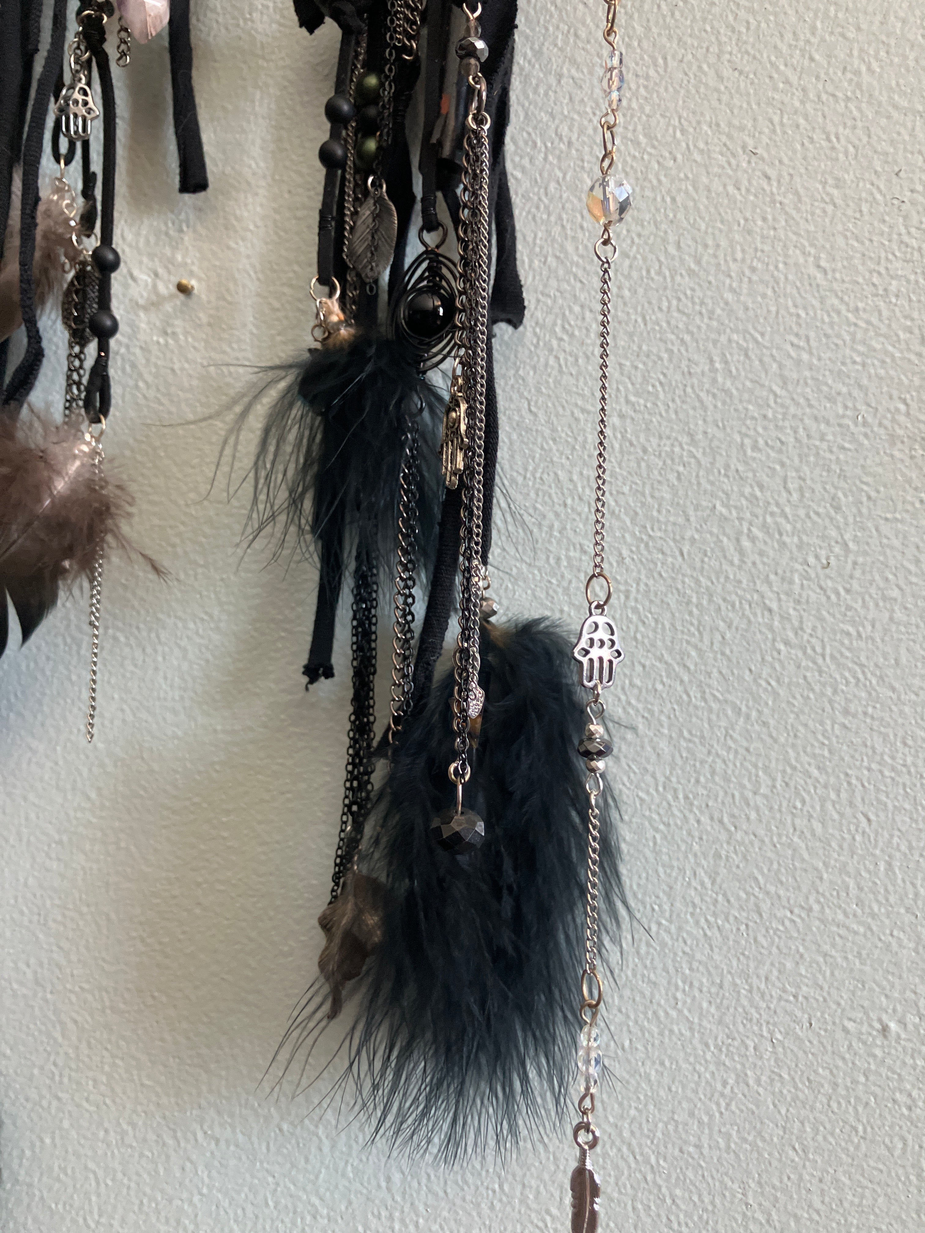 Crystal Beaded Fringe Charm Deer Antler Dreamcatcher Wall Hanging- Protection, Root/Crown Chakra- Amethyst, Onyx