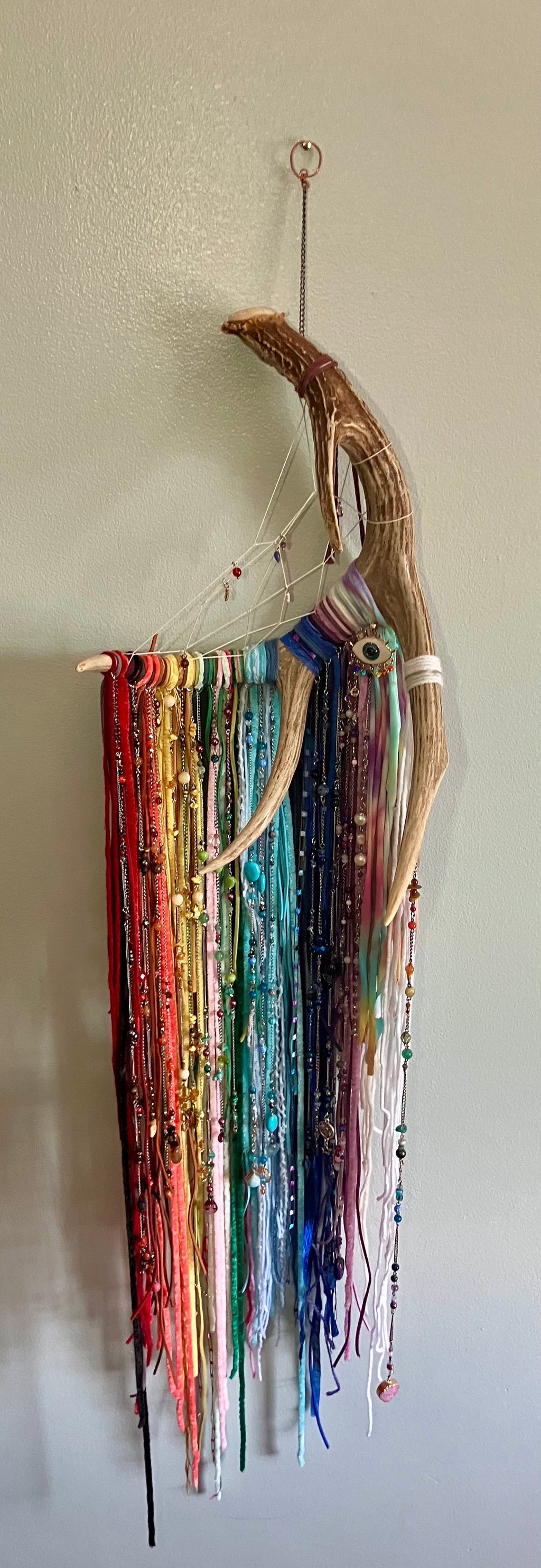 Crystal Beaded Fringe Antler Wall Hanging- Evil Eye Protection- Chakras or LGBTQ Pride