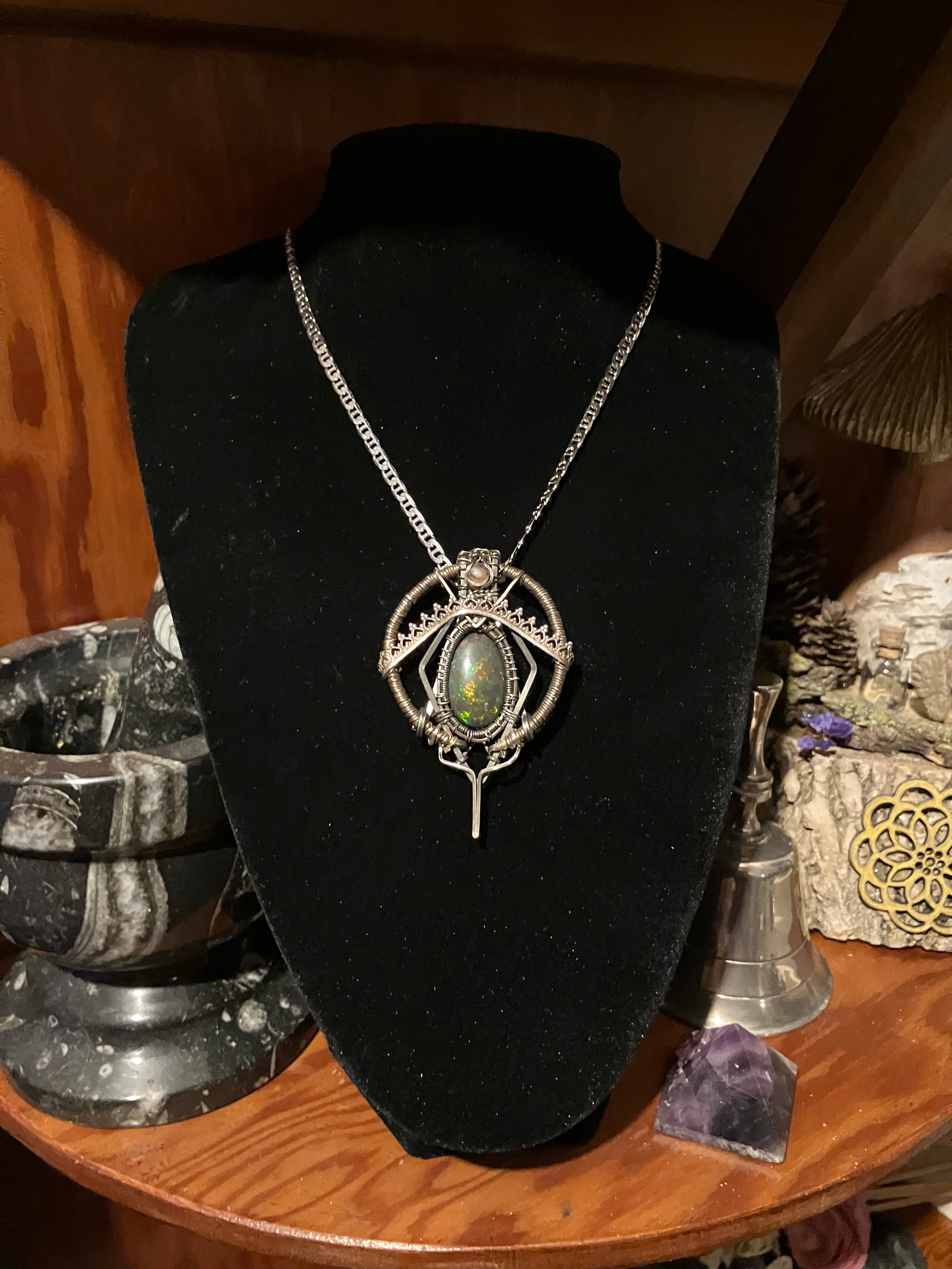 10 carat Black Opal & Pink Tourmaline Wire Wrapped Amulet in 925 Sterling Silver