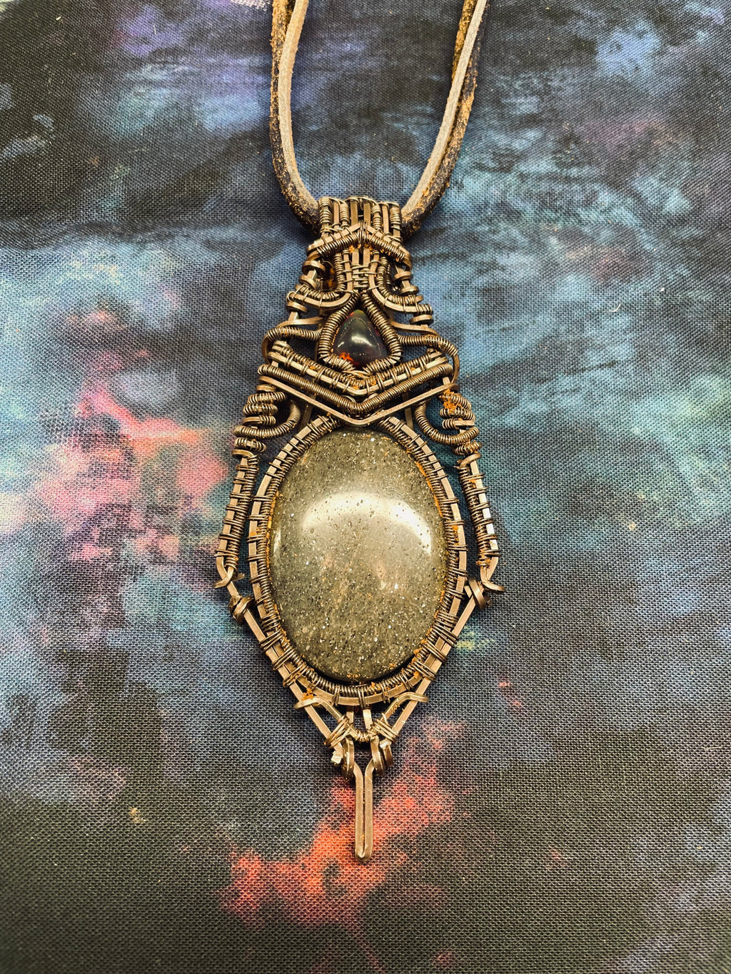 Black Iolite and Black Opal Trillion Wire Wrapped Amulet Statement Pendant in Tarnished Sterling Silver