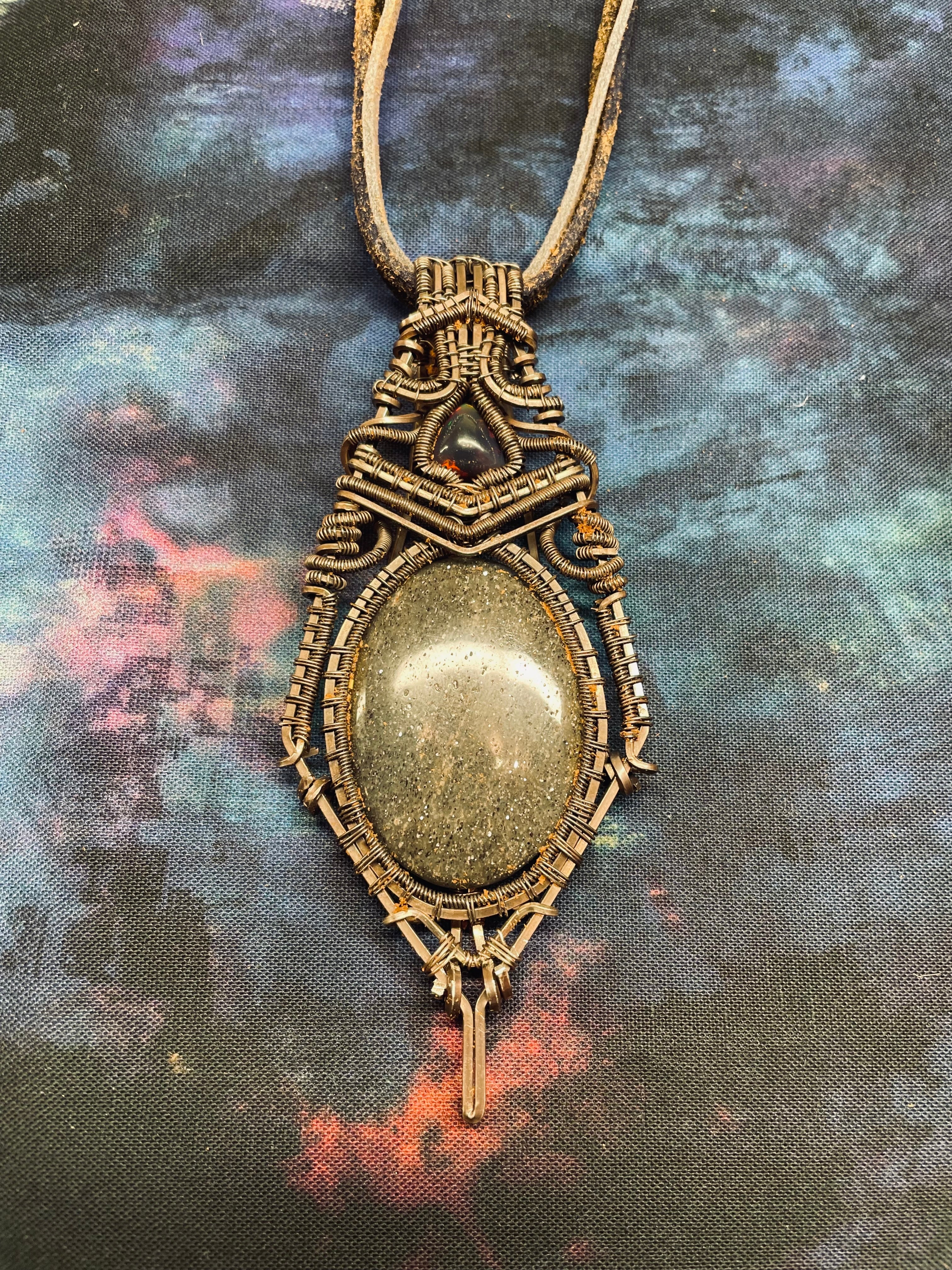 Black Iolite and Black Opal Trillion Wire Wrapped Amulet Statement Pendant in Tarnished Sterling Silver