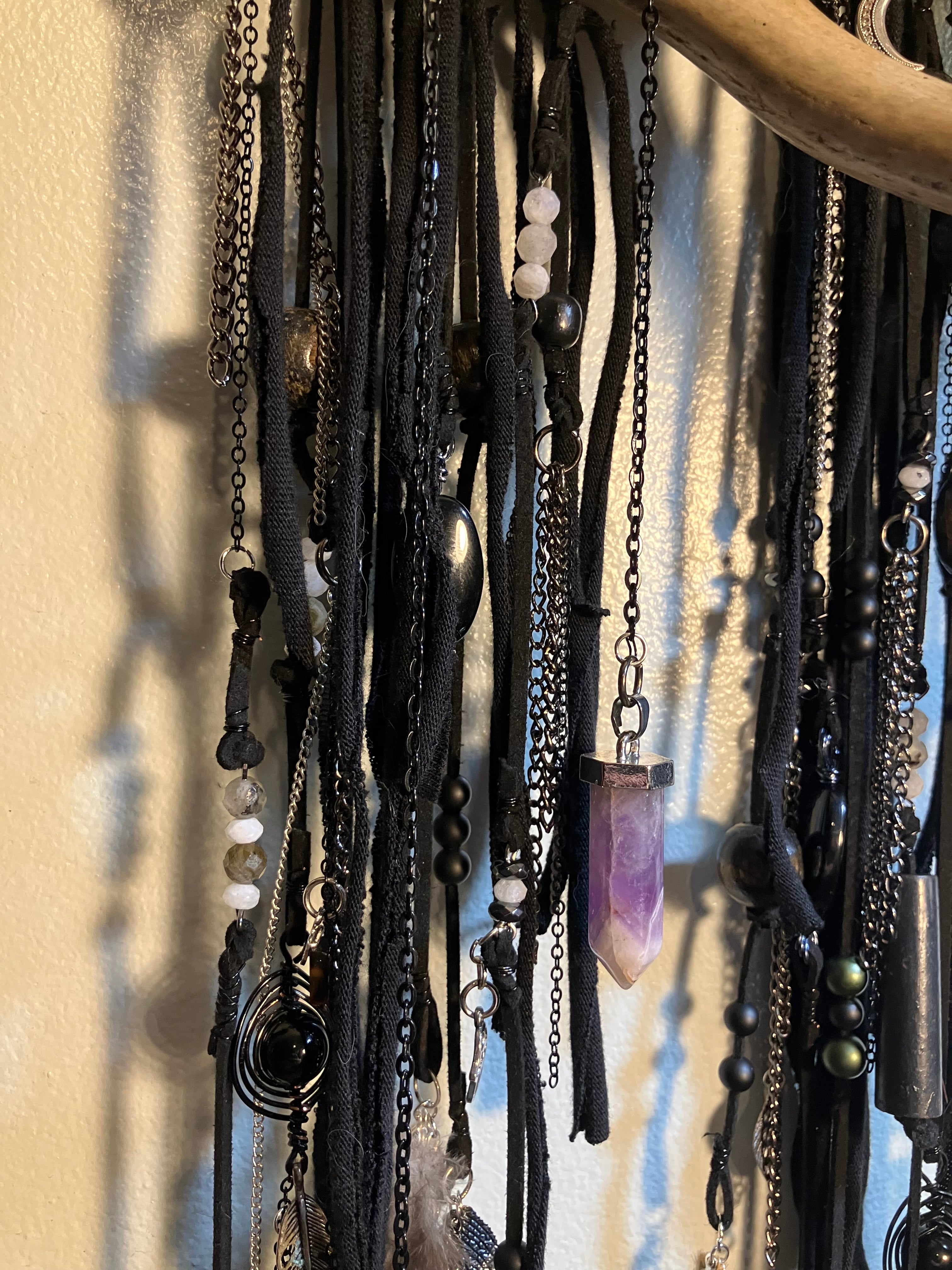 Crystal Beaded Fringe Charm Deer Antler Dreamcatcher Wall Hanging- Protection, Root/Crown Chakra- Amethyst, Onyx