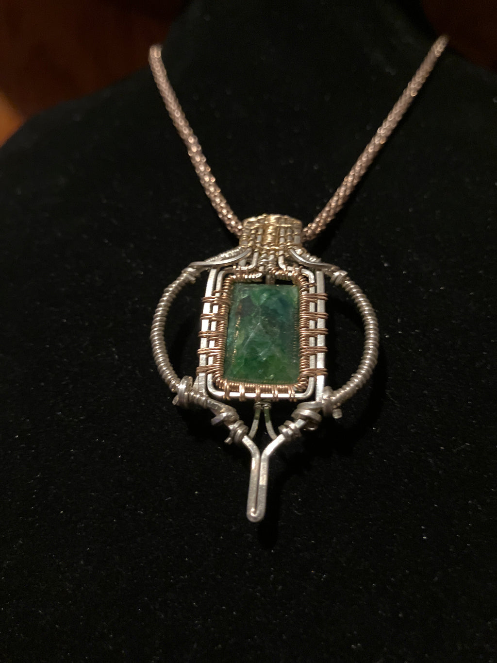 Emerald Wire Wrapped Amulet Pendant in Rose Gold, 14k Yellow Gold and 925 Sterling Silver- Heart Chakra Healing- Emotional Balance