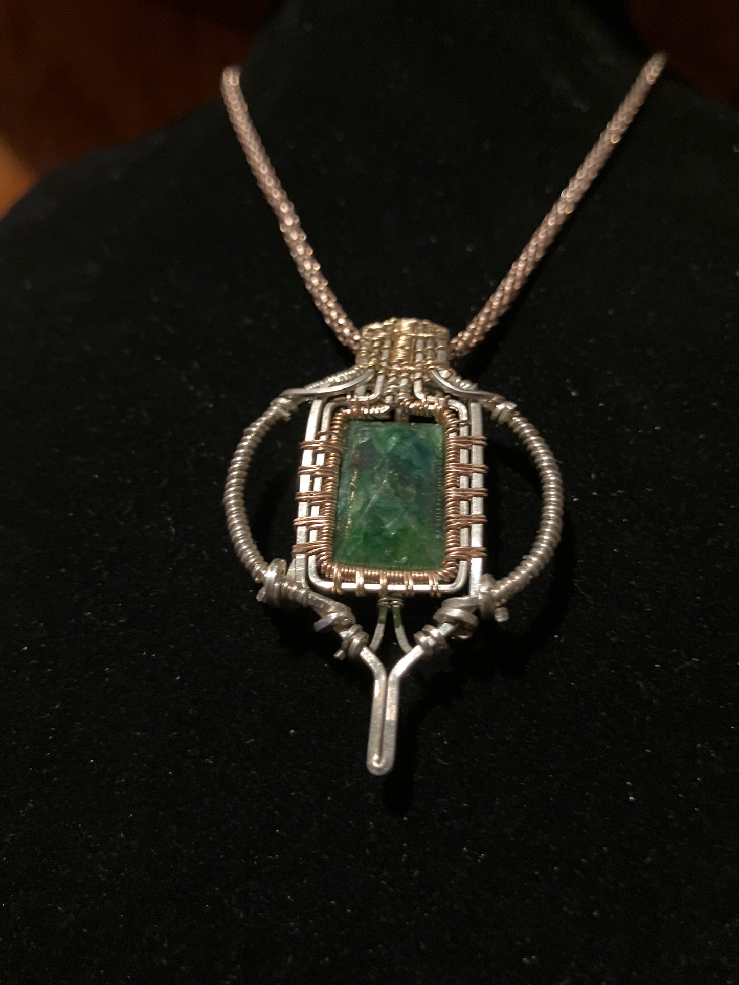 Emerald Wire Wrapped Amulet Pendant in Rose Gold, 14k Yellow Gold and 925 Sterling Silver- Heart Chakra Healing- Emotional Balance