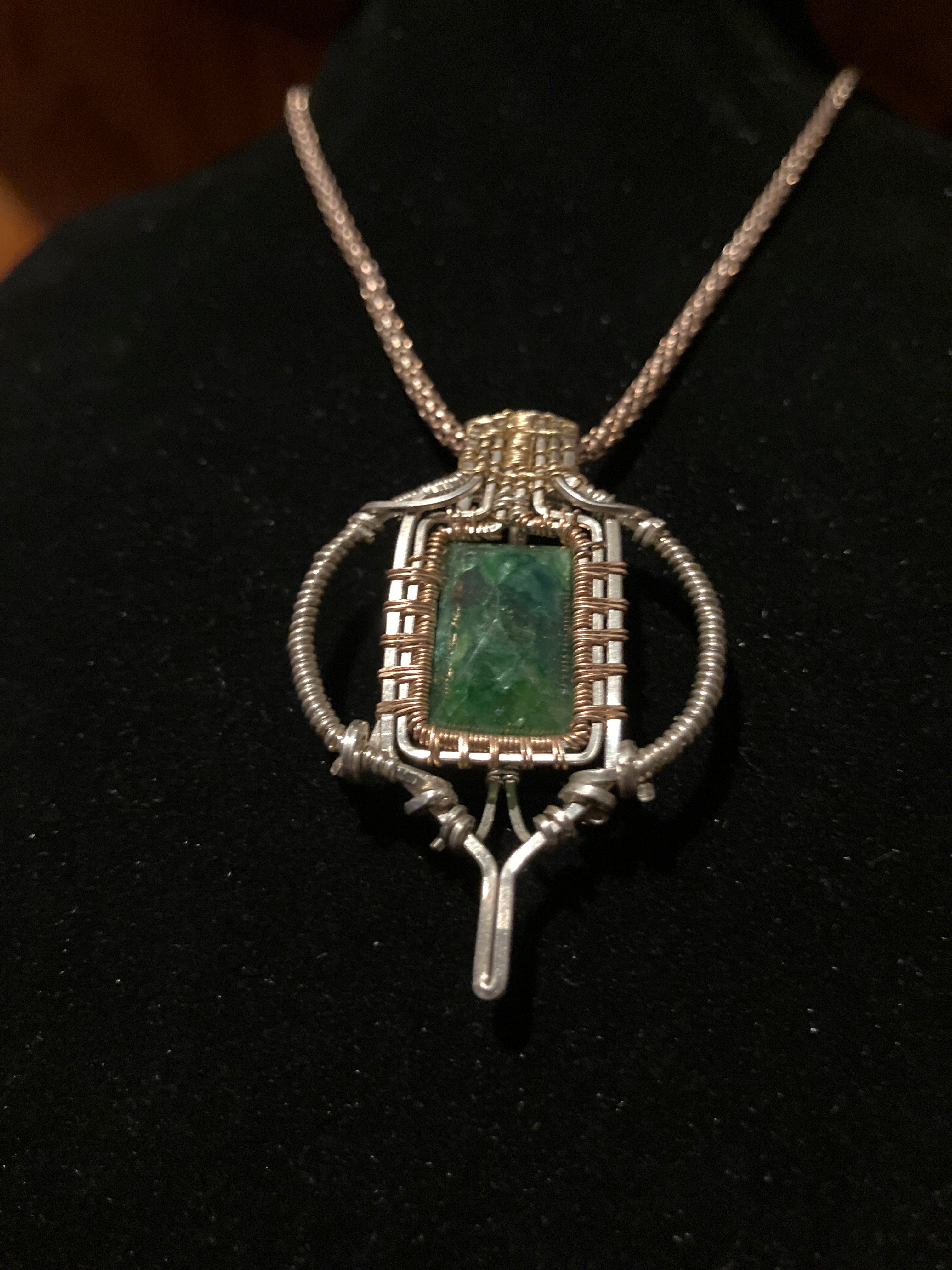 Emerald Wire Wrapped Amulet Pendant in Rose Gold, 14k Yellow Gold and 925 Sterling Silver- Heart Chakra Healing- Emotional Balance