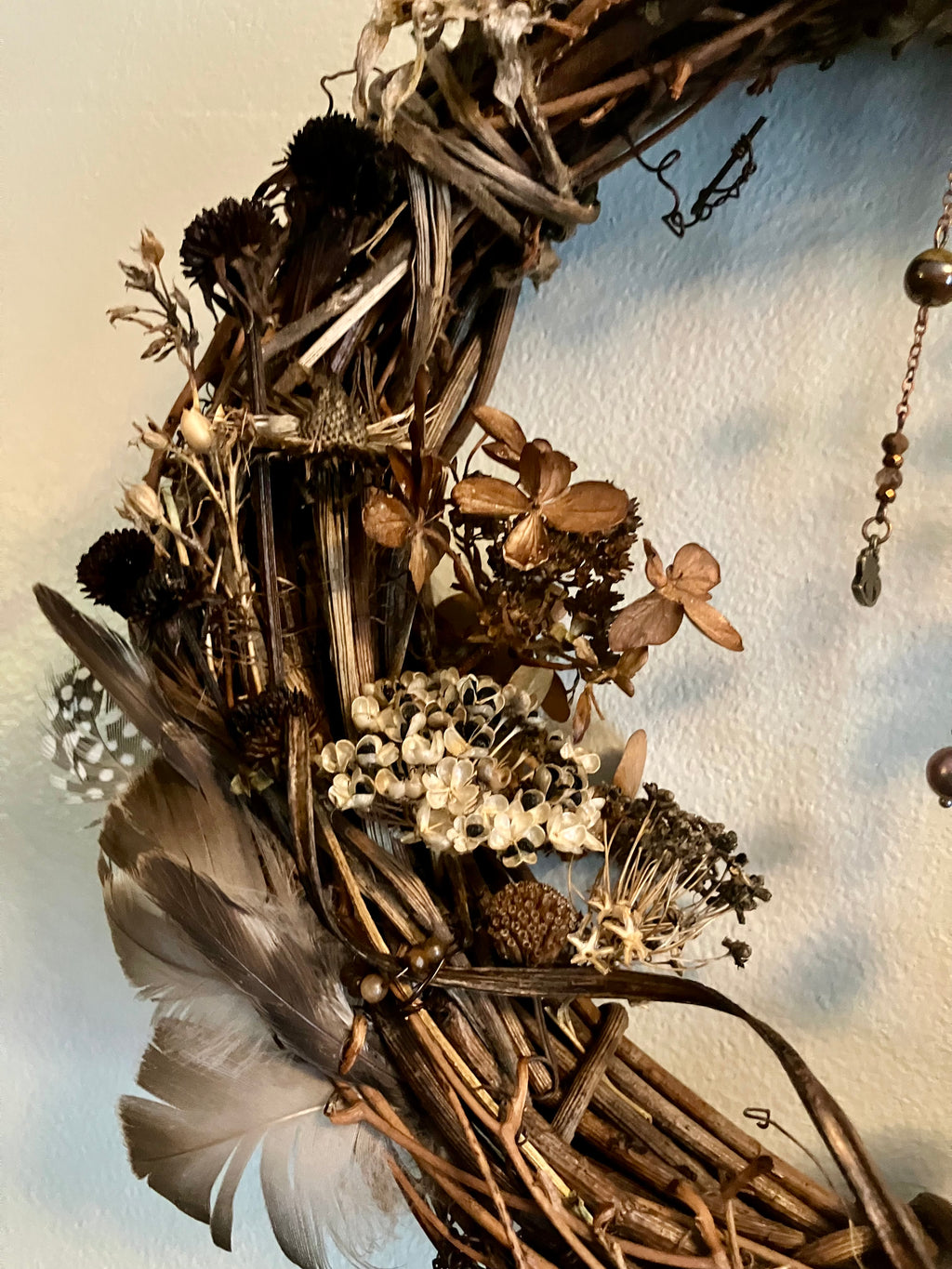 Foraged Flora, Fauna, Feather Crystal Charm 10” Wreath- Citrine, Pietersite, Tigers Eye- Abundance- Prosperity- High Vibrational