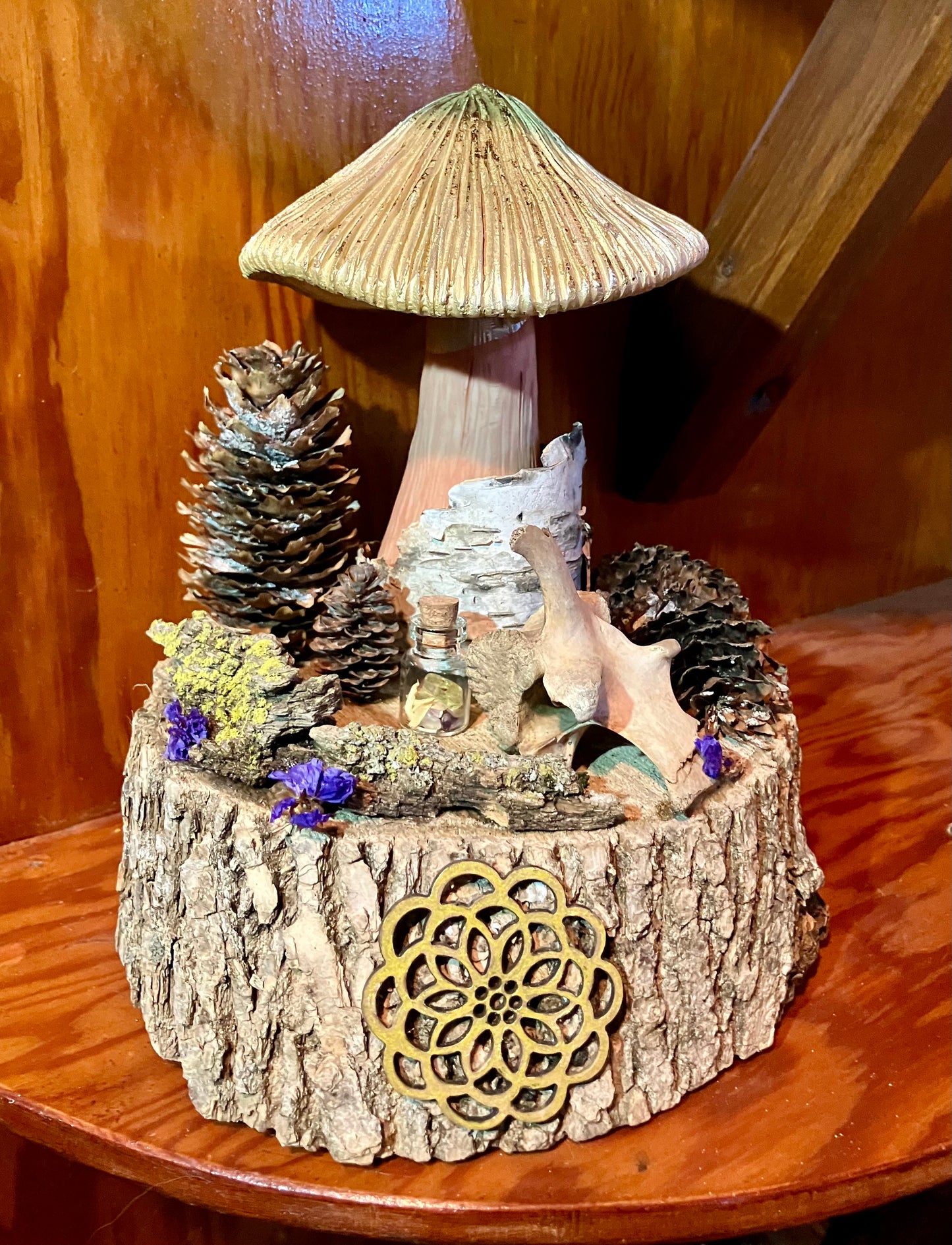 White Oak Mandala Mushroom Offering Altar w/ Deer Vertebrae, Birch & Yellow Apatite- Animal Magick