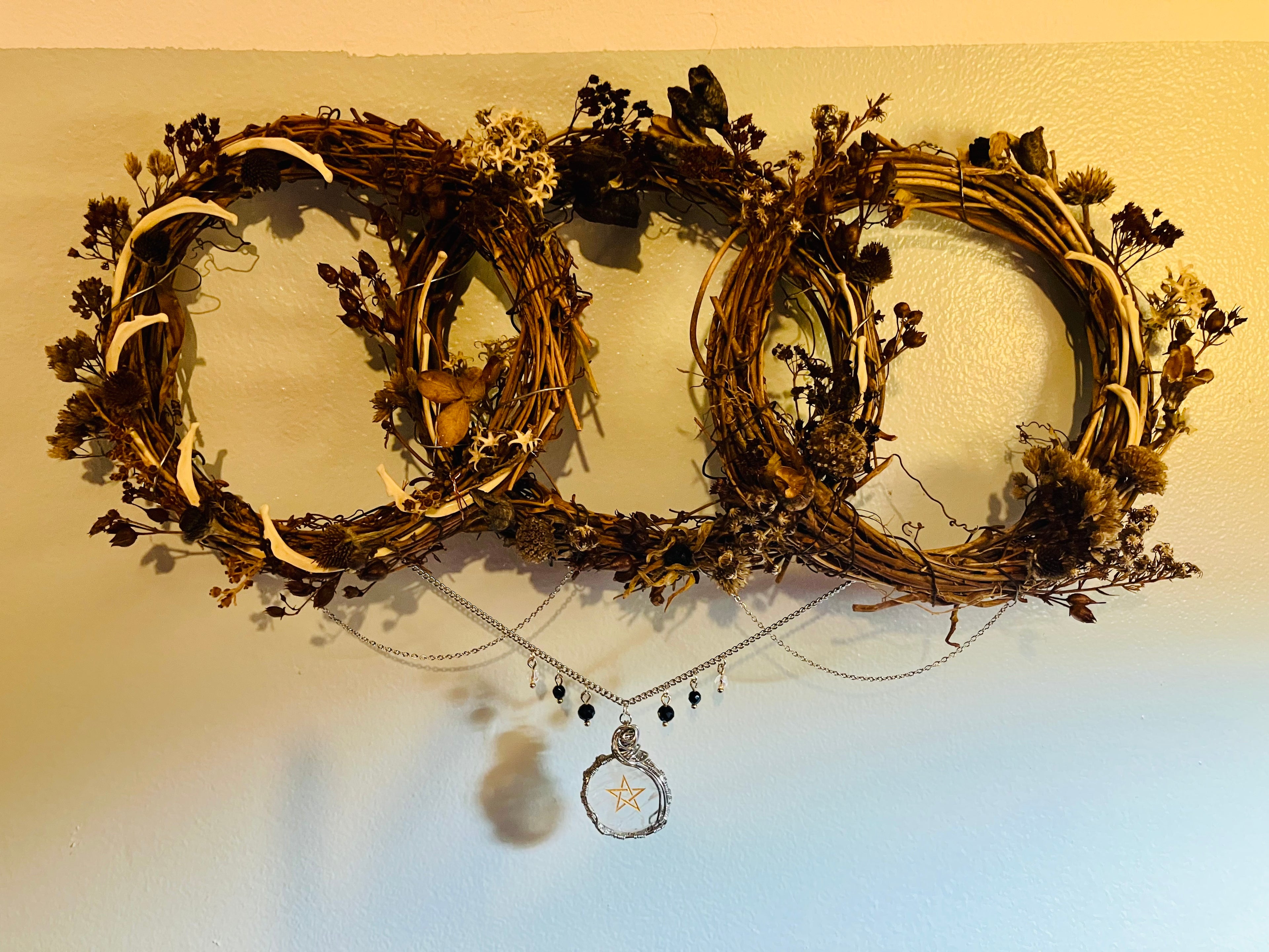 Groundhog Rib Bone Triple Goddess Floral Wreath- Clear Quartz & Black Tourmaline- Amplify Intentions- Altar Decor
