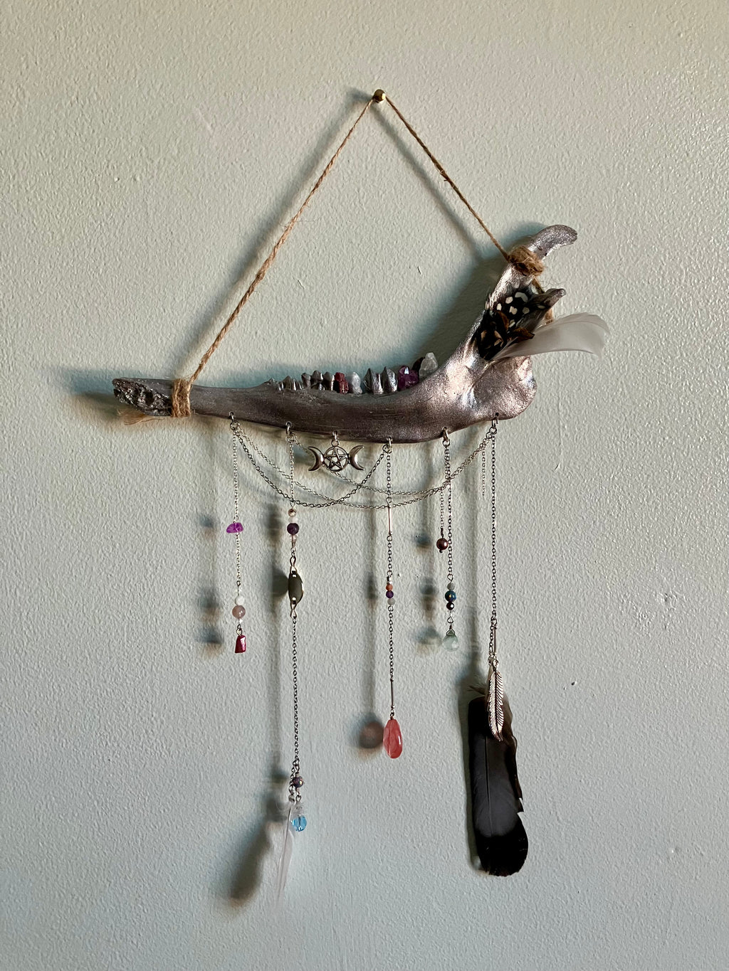 Crystal Triple Goddess Deer Jawbone Wall Hanging Altar Decor- Connect with Divine- Angelite, Garnet, Amethyst+