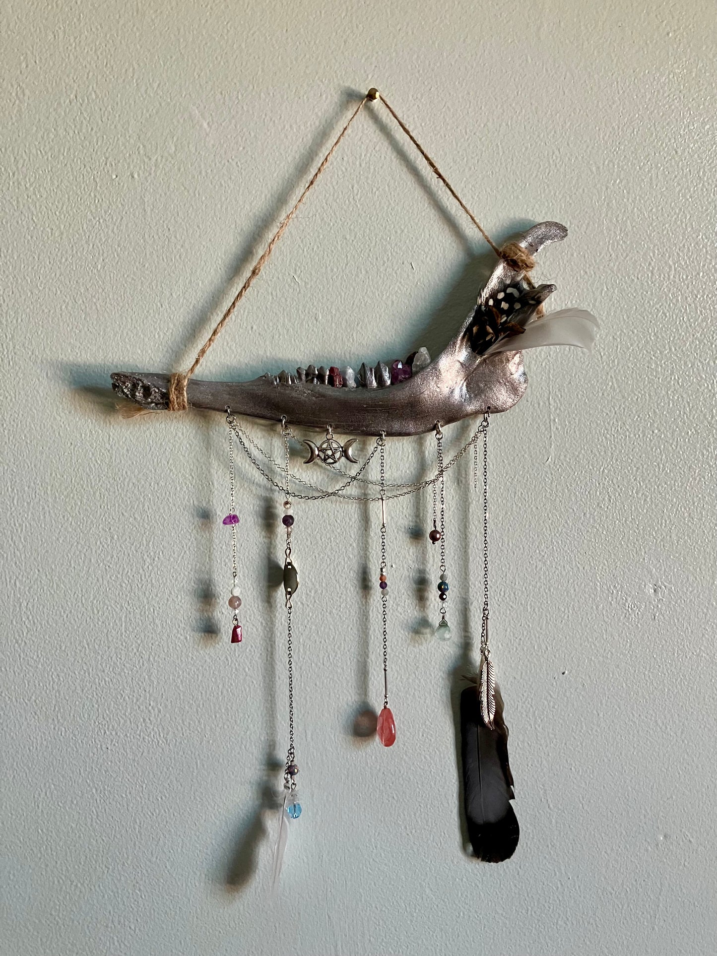 Crystal Triple Goddess Deer Jawbone Wall Hanging Altar Decor- Connect with Divine- Angelite, Garnet, Amethyst+