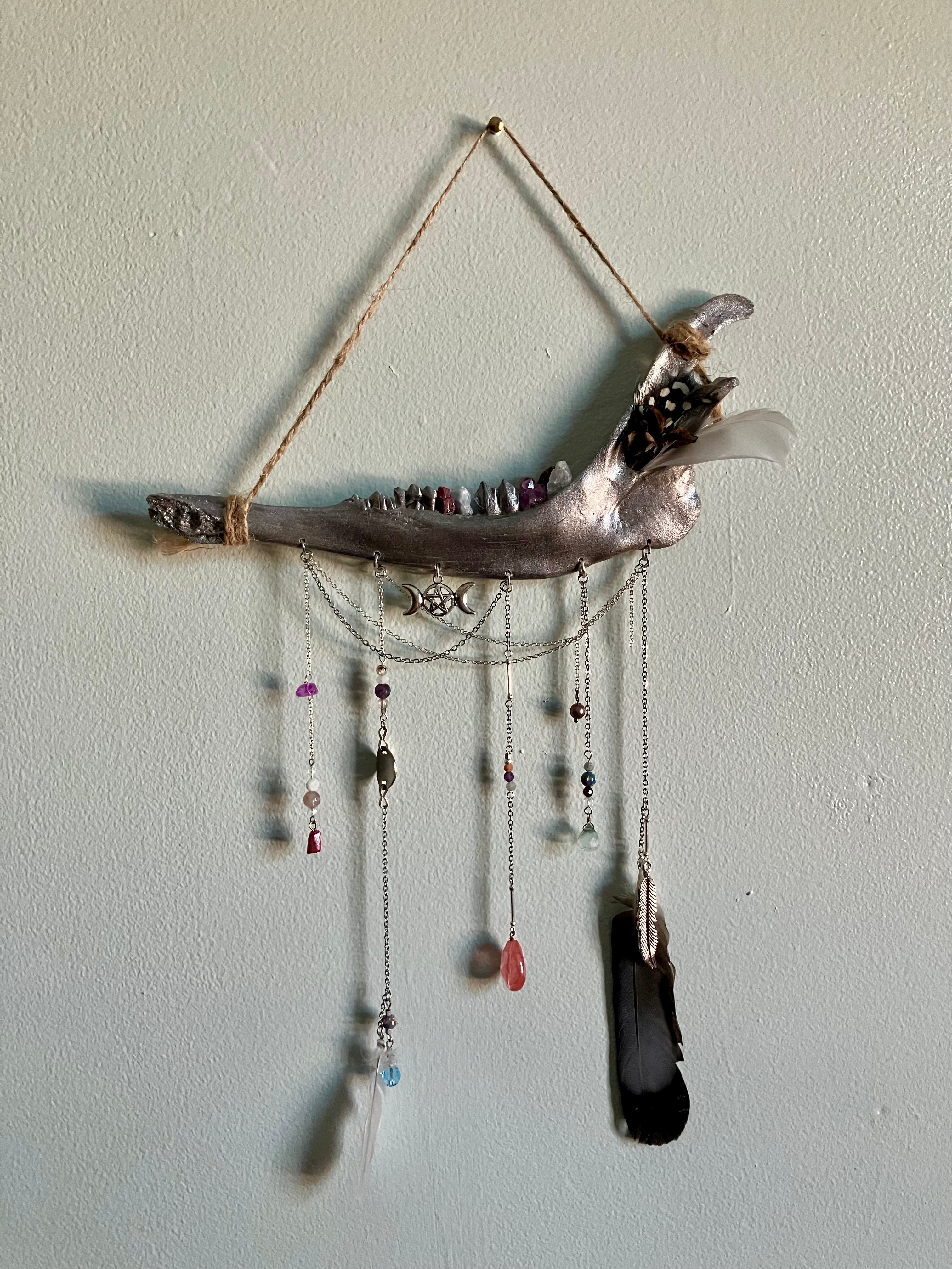 Crystal Triple Goddess Deer Jawbone Wall Hanging Altar Decor- Connect with Divine- Angelite, Garnet, Amethyst+