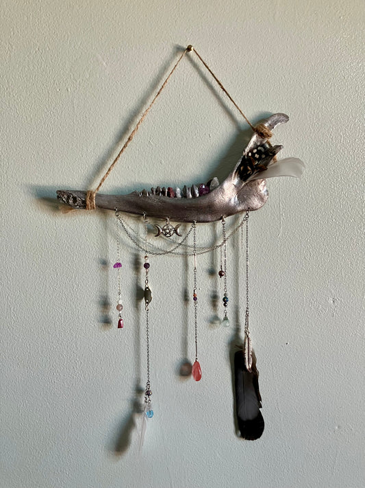 Crystal Triple Goddess Deer Jawbone Wall Hanging Altar Decor- Connect with Divine- Angelite, Garnet, Amethyst+