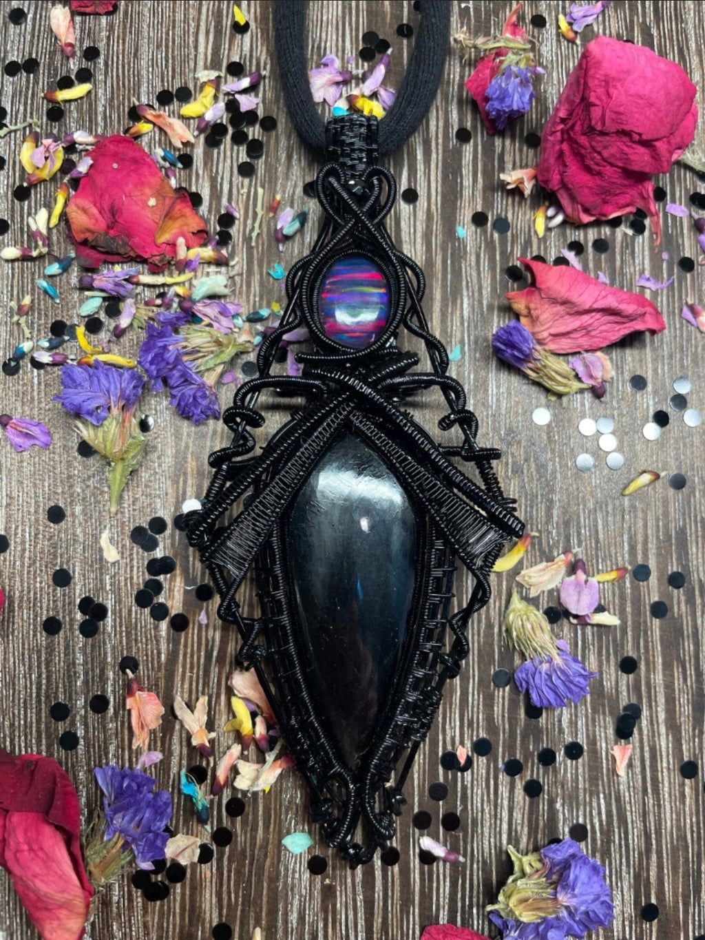 Large Obsidian Wire Wrapped Crystal Ceremonial Amulet in Black Copper