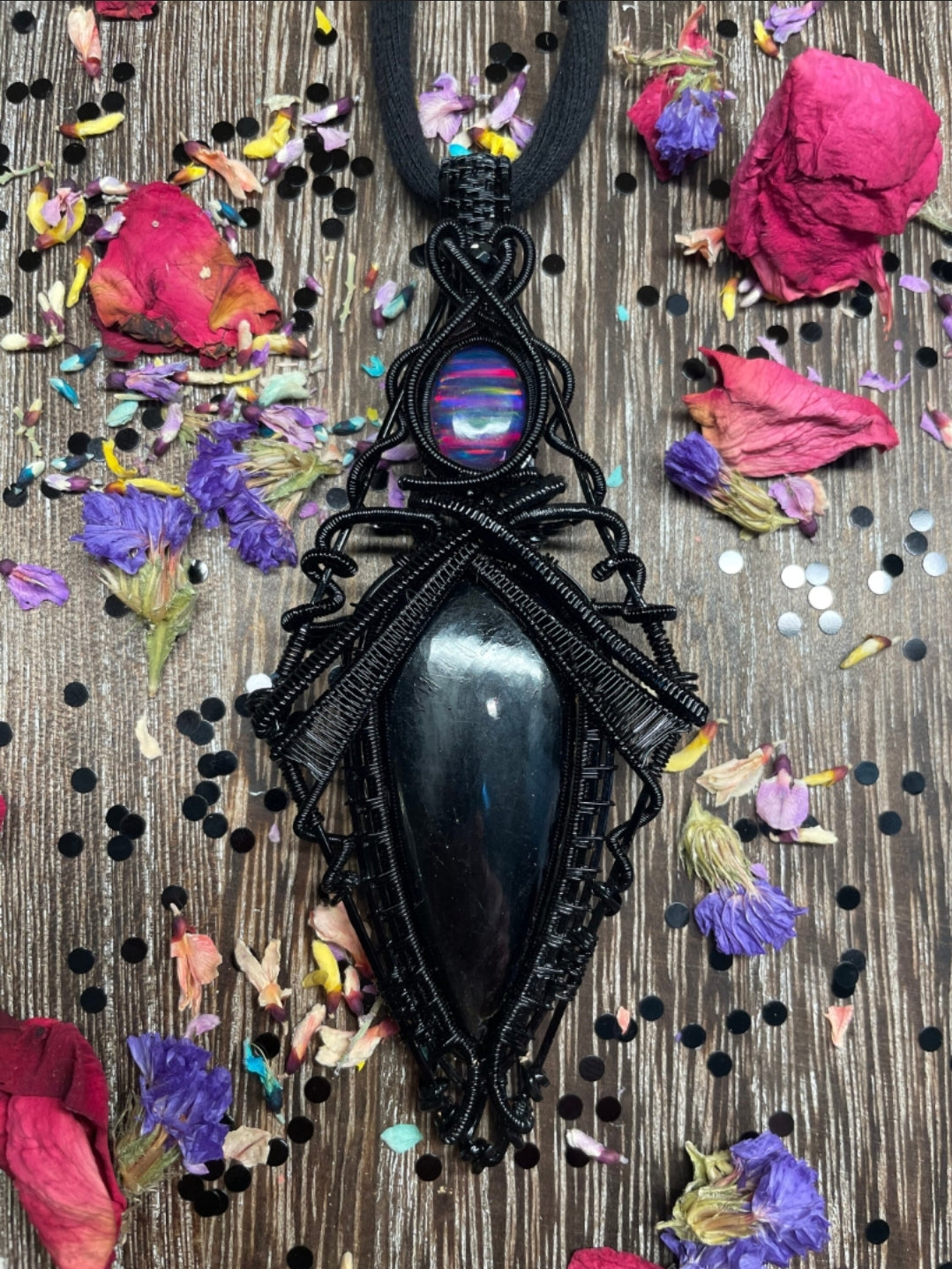 Large Obsidian Wire Wrapped Crystal Ceremonial Amulet in Black Copper