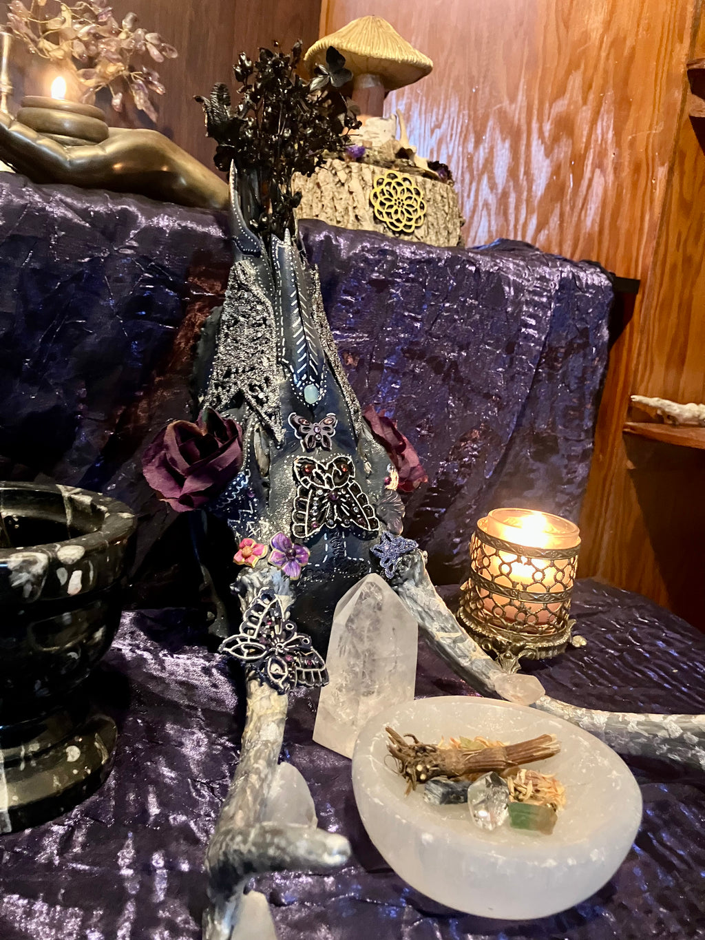 Crystal Butterfly Realm Decorated Deer Skull Altarpiece w/ Tanzanite, Ruby, Sapphire, Topaz  ++