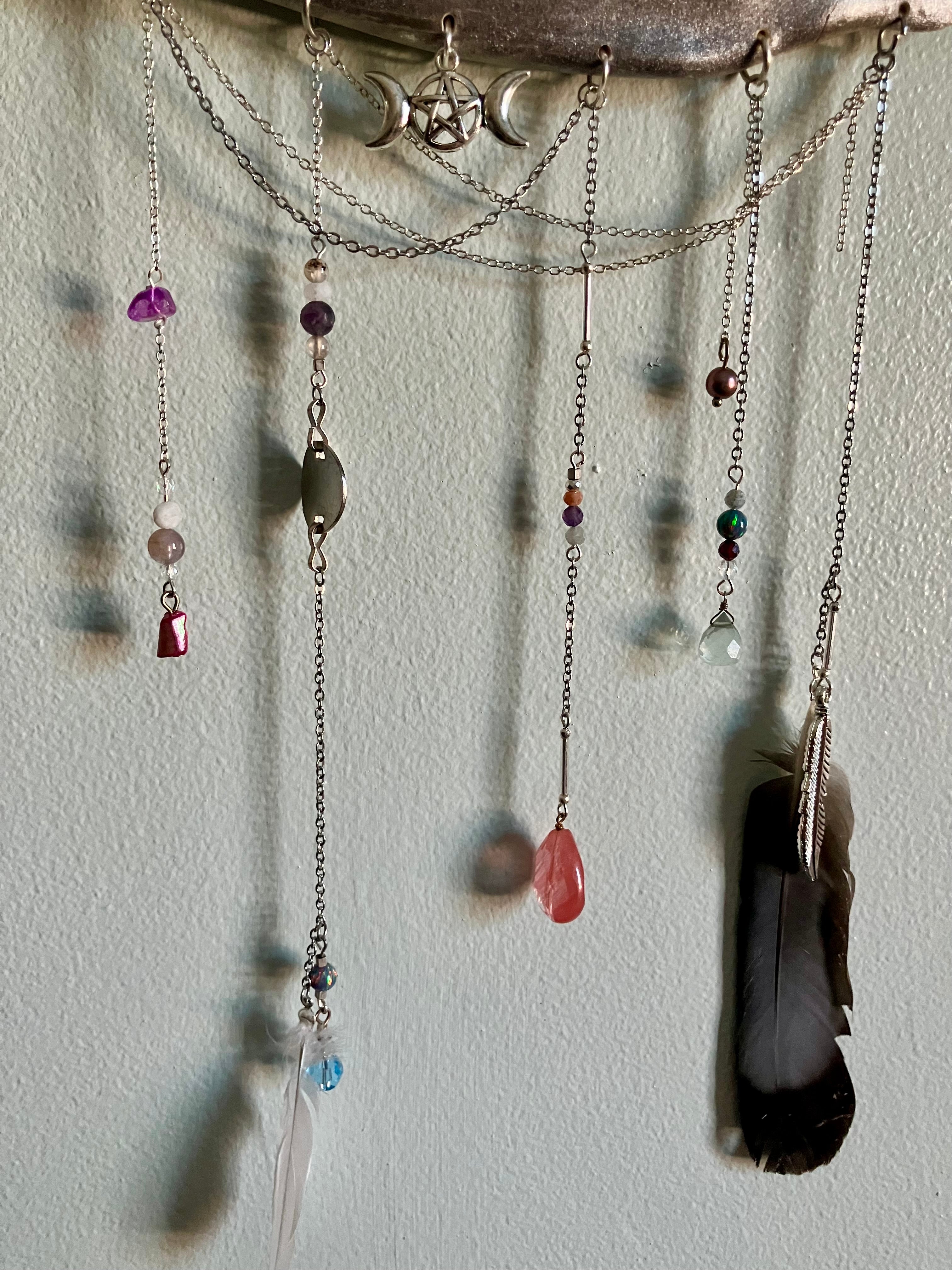 Crystal Triple Goddess Deer Jawbone Wall Hanging Altar Decor- Connect with Divine- Angelite, Garnet, Amethyst+