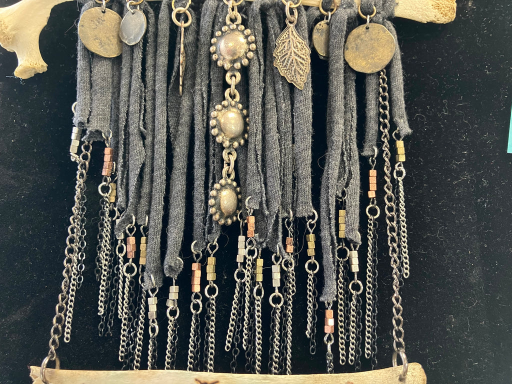 Wood Burned Deer Bone Charm Fringe Bib Necklace with Black Onyx & Copper Beads- Sigil for Protection and Vitality