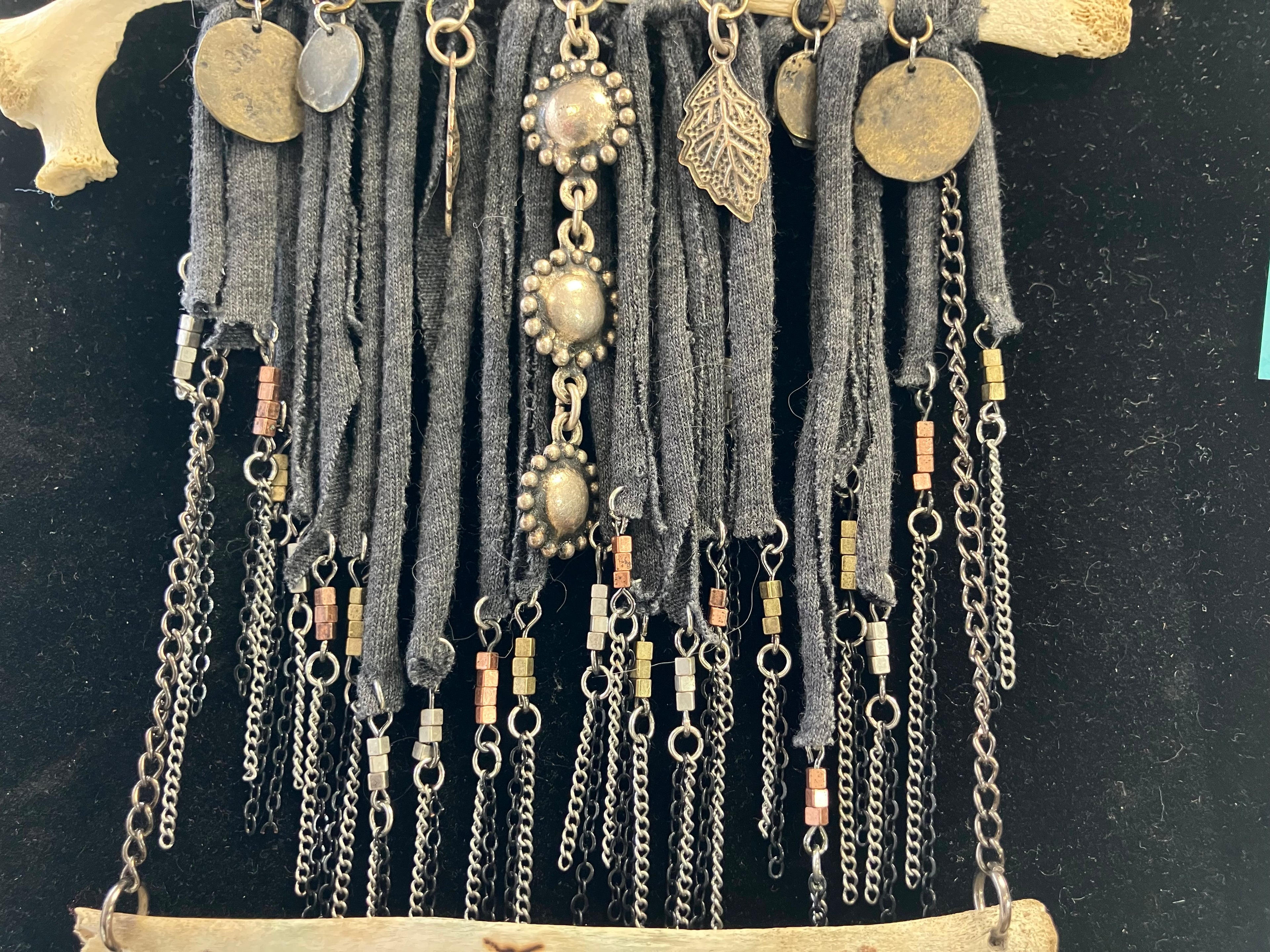 Wood Burned Deer Bone Charm Fringe Bib Necklace with Black Onyx & Copper Beads- Sigil for Protection and Vitality