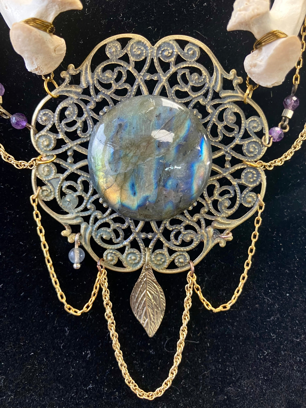 Ceremonial Deer Bone Amulet w/ Labradorite, Amethyst & Pietersite- Increase Abilities- Aura Shielding- Third Eye