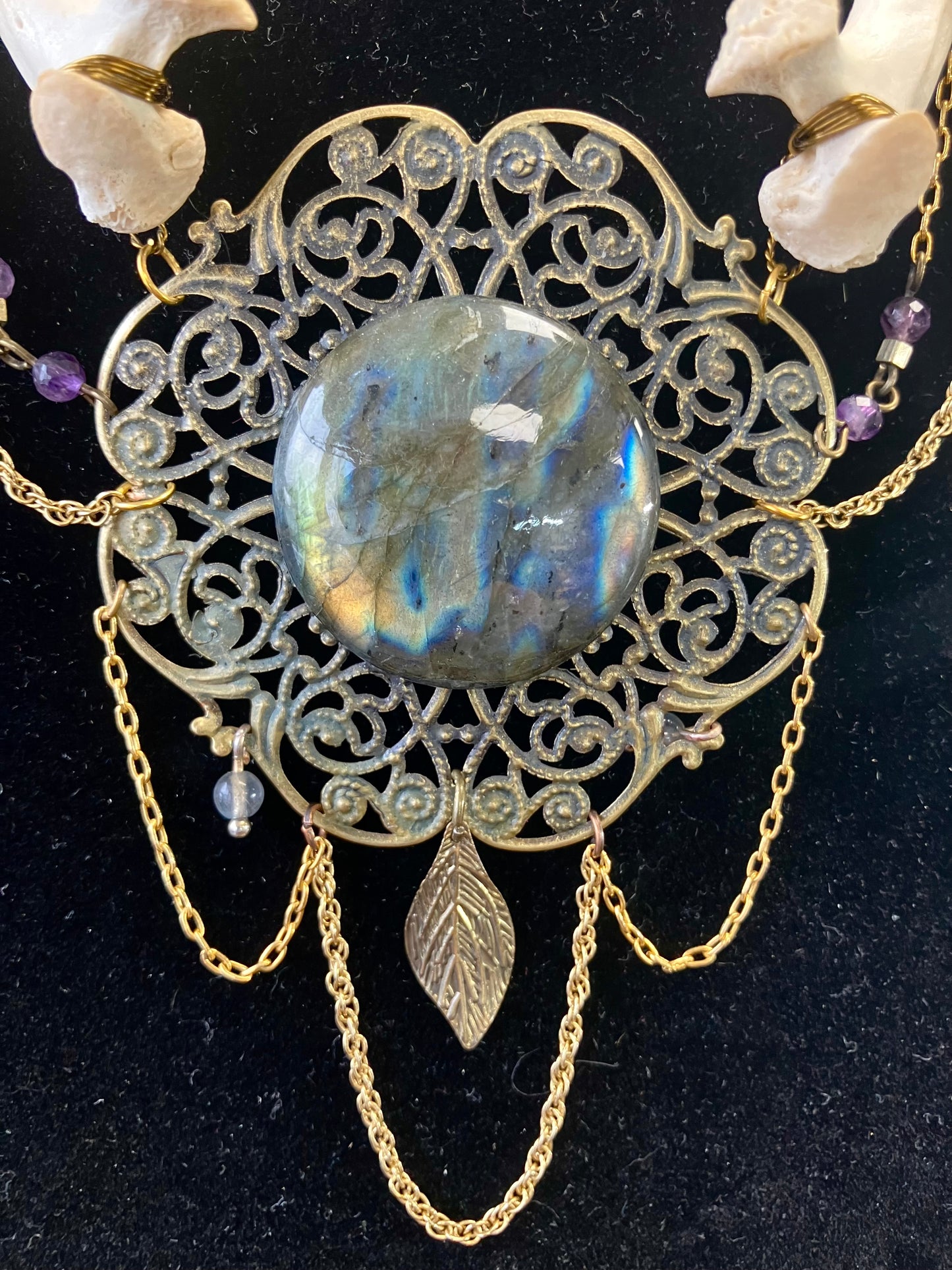 Ceremonial Deer Bone Amulet w/ Labradorite, Amethyst & Pietersite- Increase Abilities- Aura Shielding- Third Eye