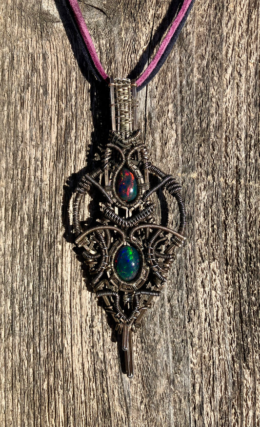 Double Australian Black Opal Wire Wrapped Amulet in Tarnished 925 Sterling Silver