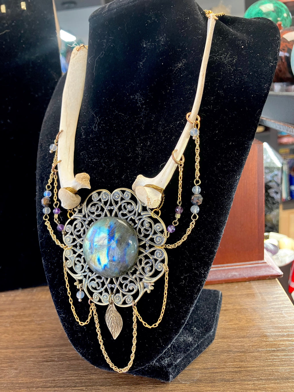 Ceremonial Deer Bone Amulet w/ Labradorite, Amethyst & Pietersite- Increase Abilities- Aura Shielding- Third Eye