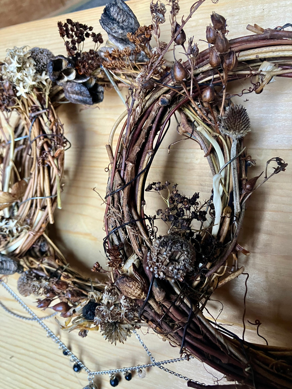 Groundhog Rib Bone Triple Goddess Floral Wreath- Clear Quartz & Black Tourmaline- Amplify Intentions- Altar Decor