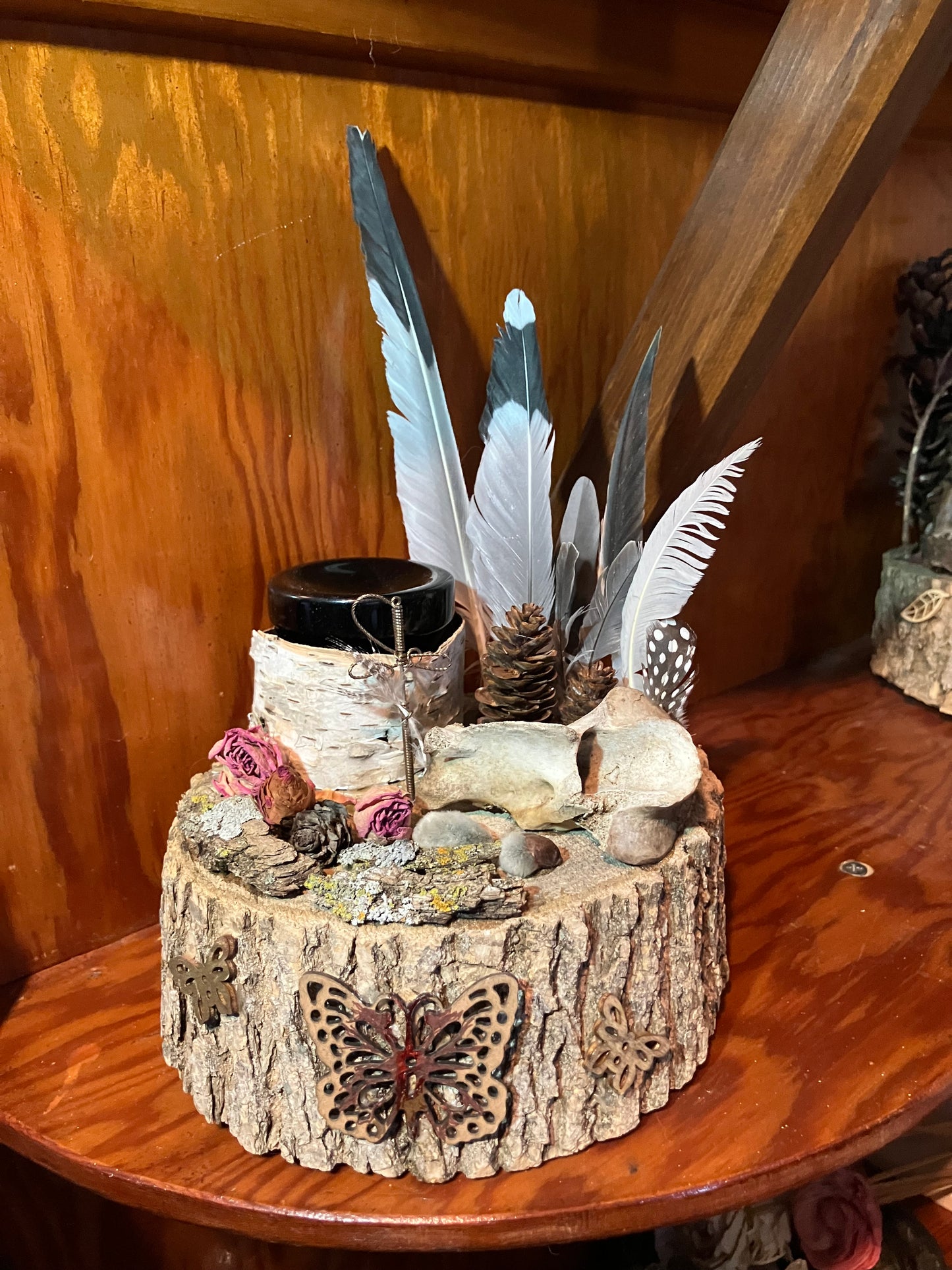 White Oak Butterfly & Sword Offering Altar w/ Deer Vertebrae, Rosebuds, Birch and Obsidian Bowl- Animal Magick- Release Spiritual Blockages-