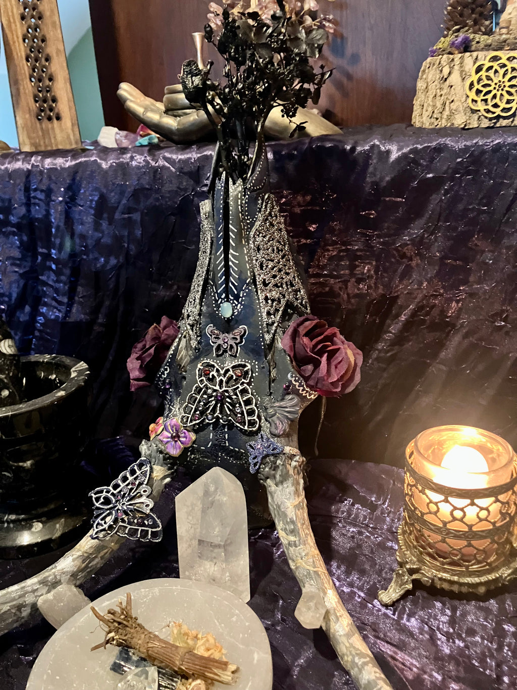 Crystal Butterfly Realm Decorated Deer Skull Altarpiece w/ Tanzanite, Ruby, Sapphire, Topaz  ++