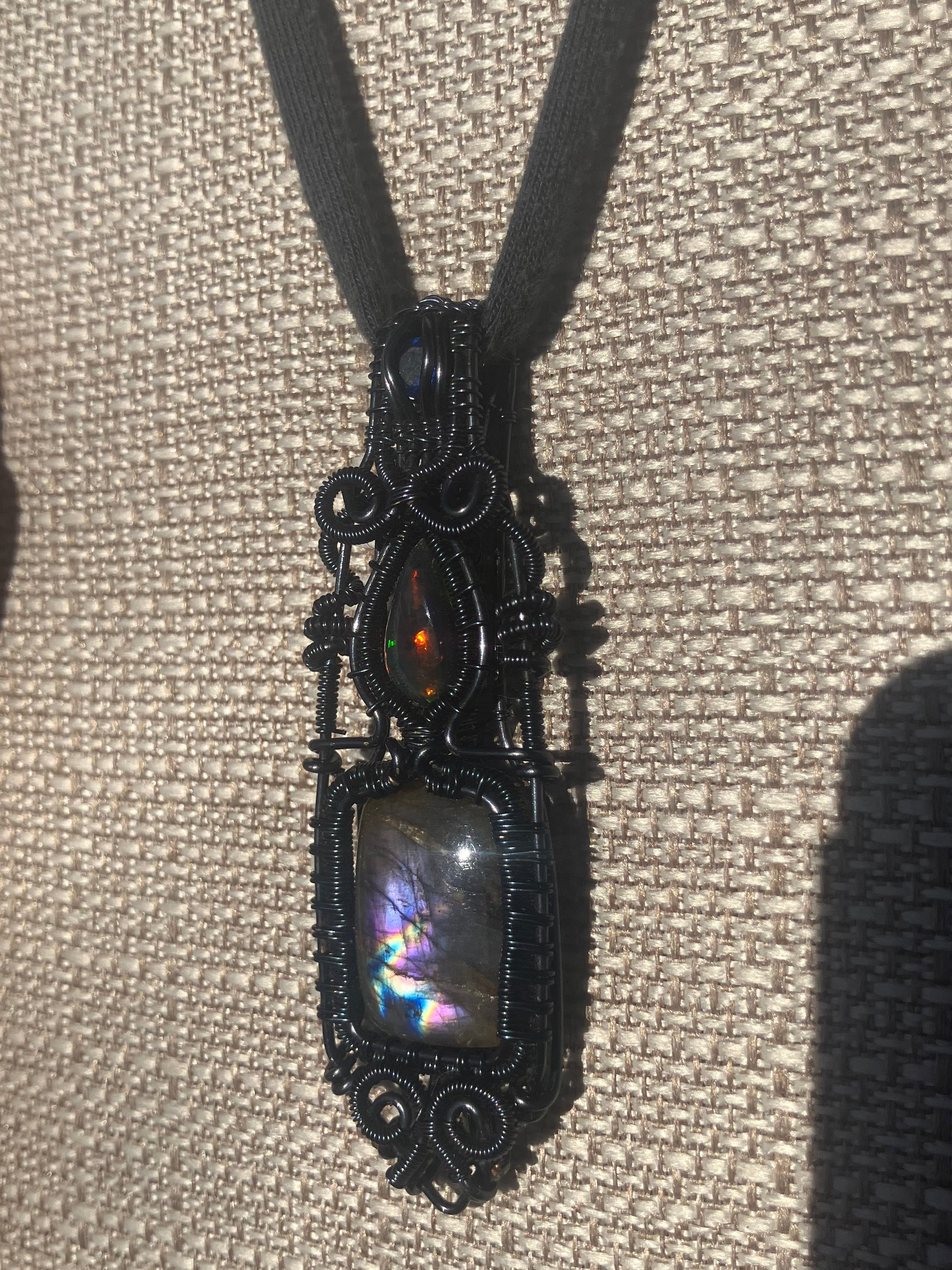 Blue Quartz, Black Opal & Spectrolite Crystal Wire Wrapped Amulet Pendant in Hematite Colored Copper