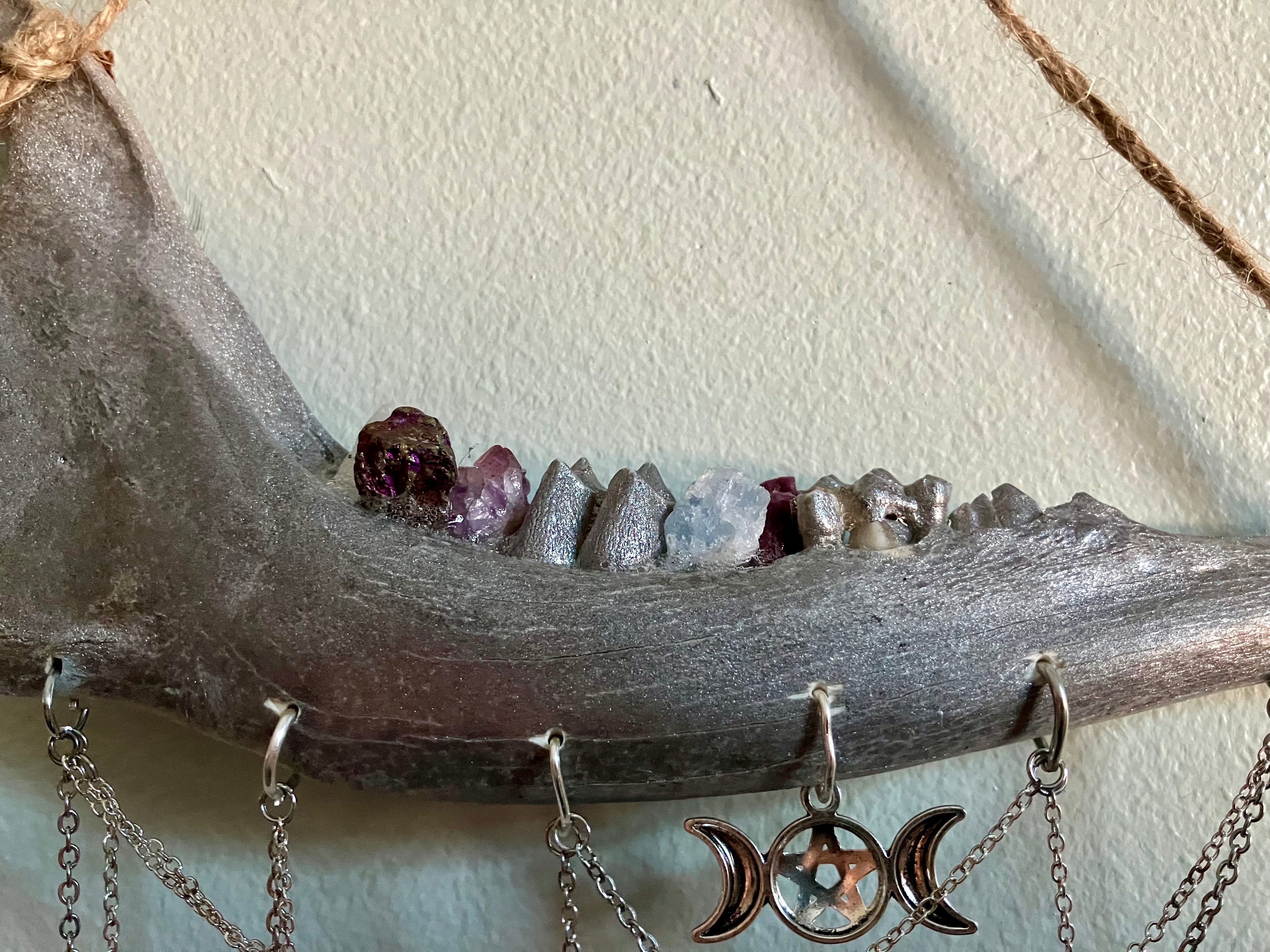Crystal Triple Goddess Deer Jawbone Wall Hanging Altar Decor- Connect with Divine- Angelite, Garnet, Amethyst+