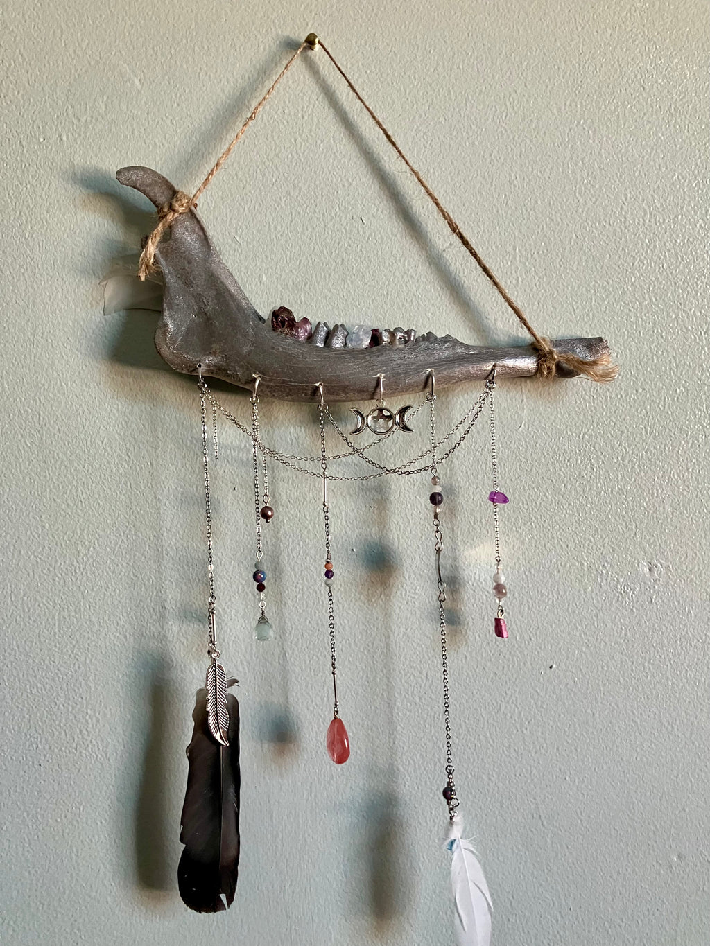 Crystal Triple Goddess Deer Jawbone Wall Hanging Altar Decor- Connect with Divine- Angelite, Garnet, Amethyst+