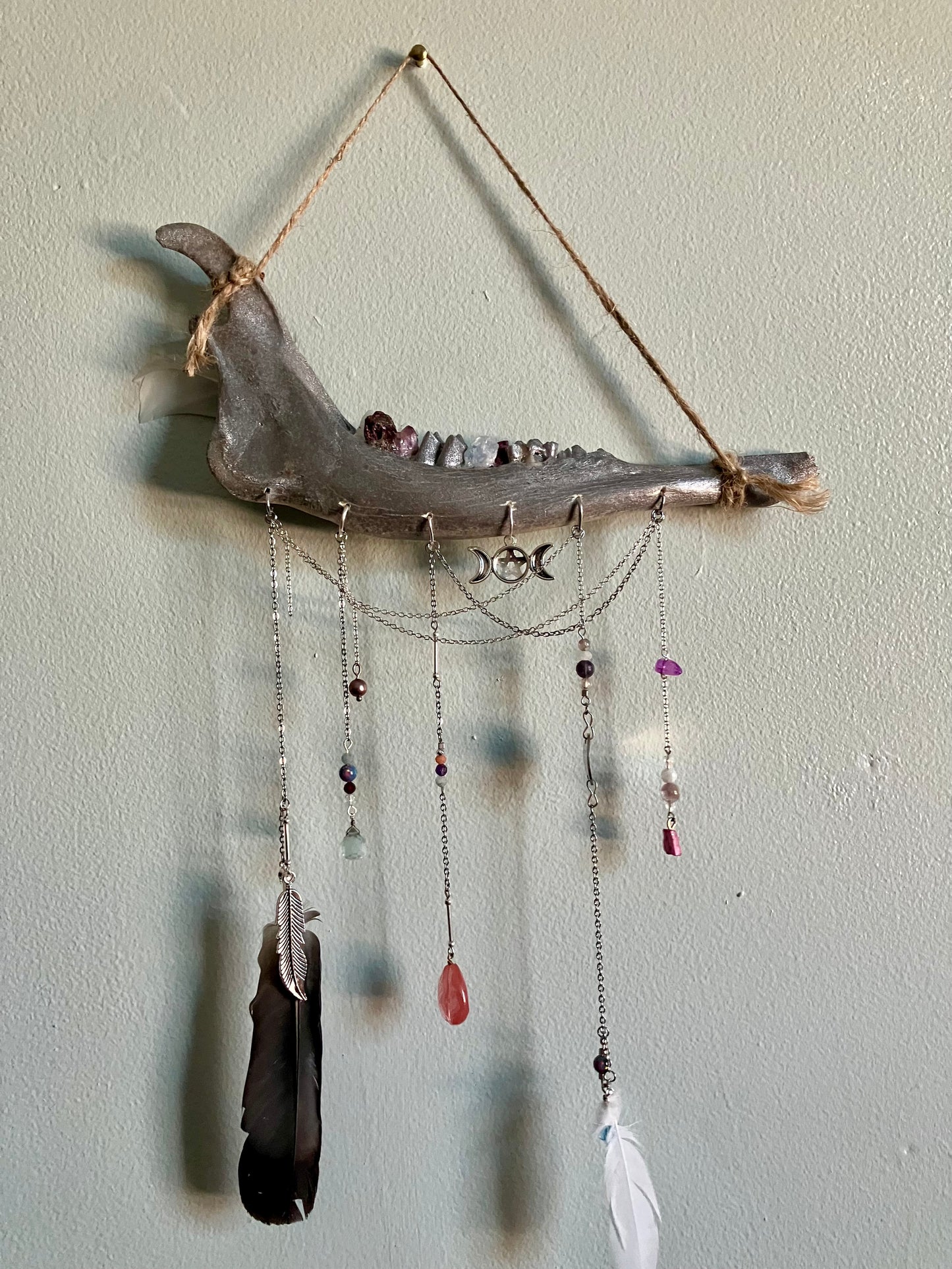 Crystal Triple Goddess Deer Jawbone Wall Hanging Altar Decor- Connect with Divine- Angelite, Garnet, Amethyst+
