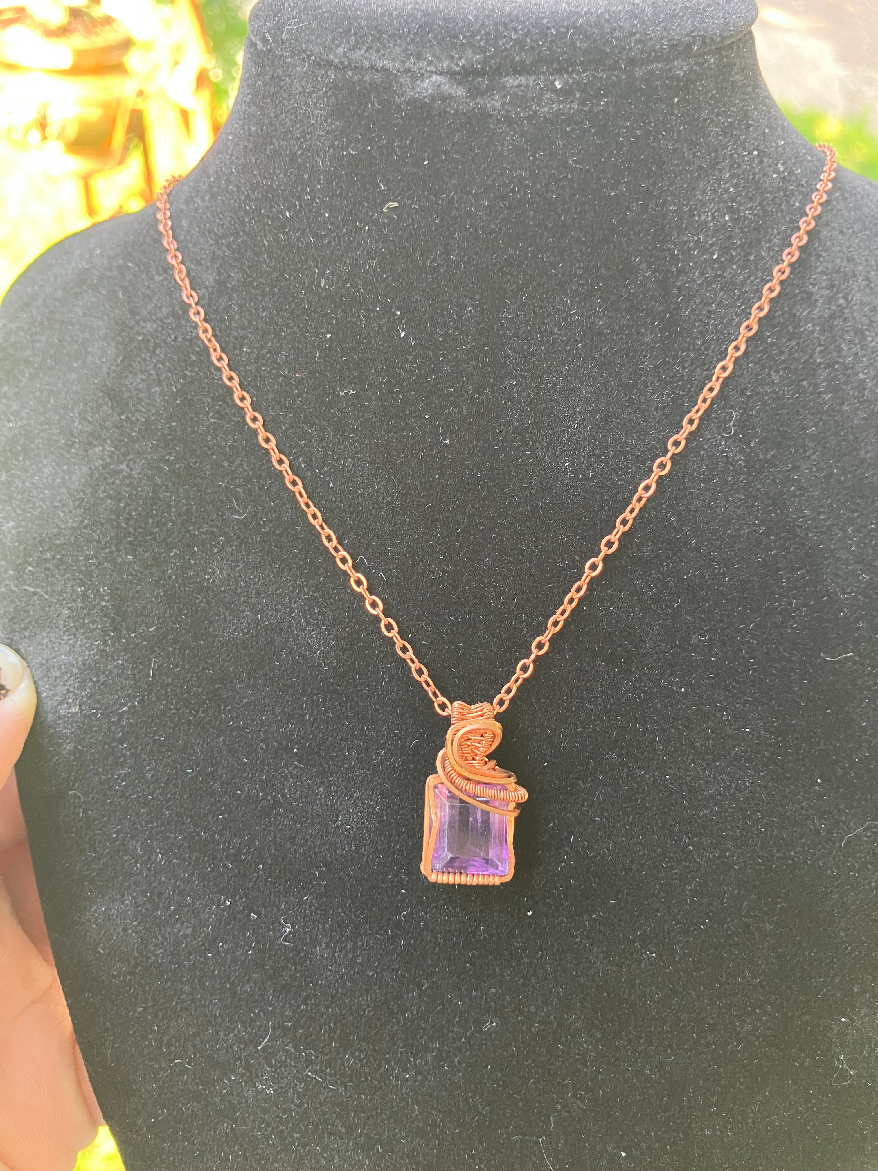 Faceted Brazilian Amethyst Wire Wrapped Pendant in Tarnished Copper