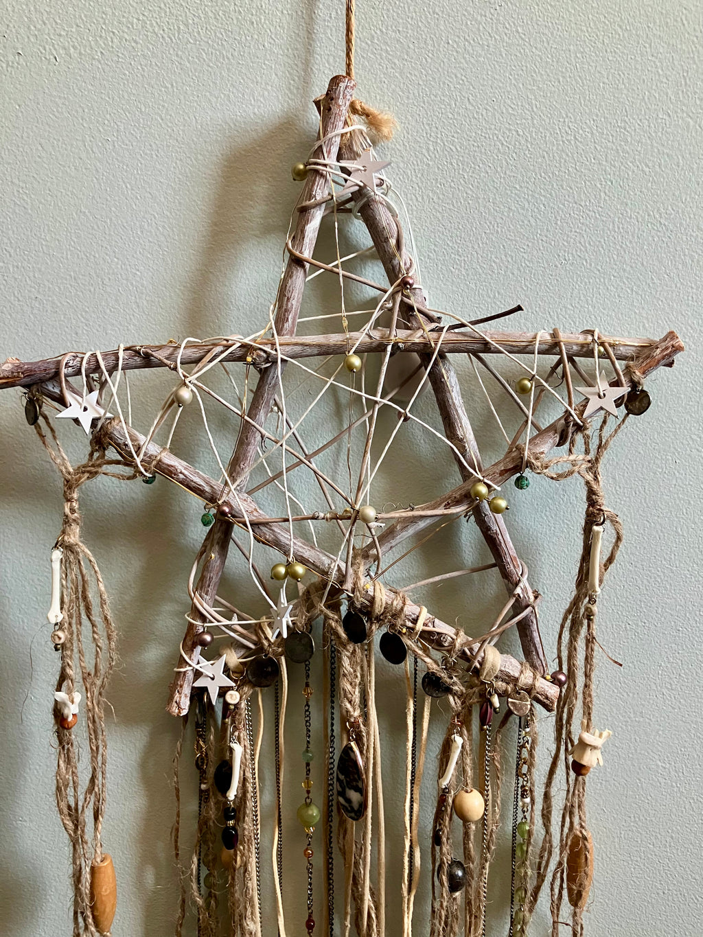 Handmade Crystal & Goundhog Bone, Embellished Star Wall Hanging- Bridgid’s Rhythm- Triple Goddess- LIGHTS UP