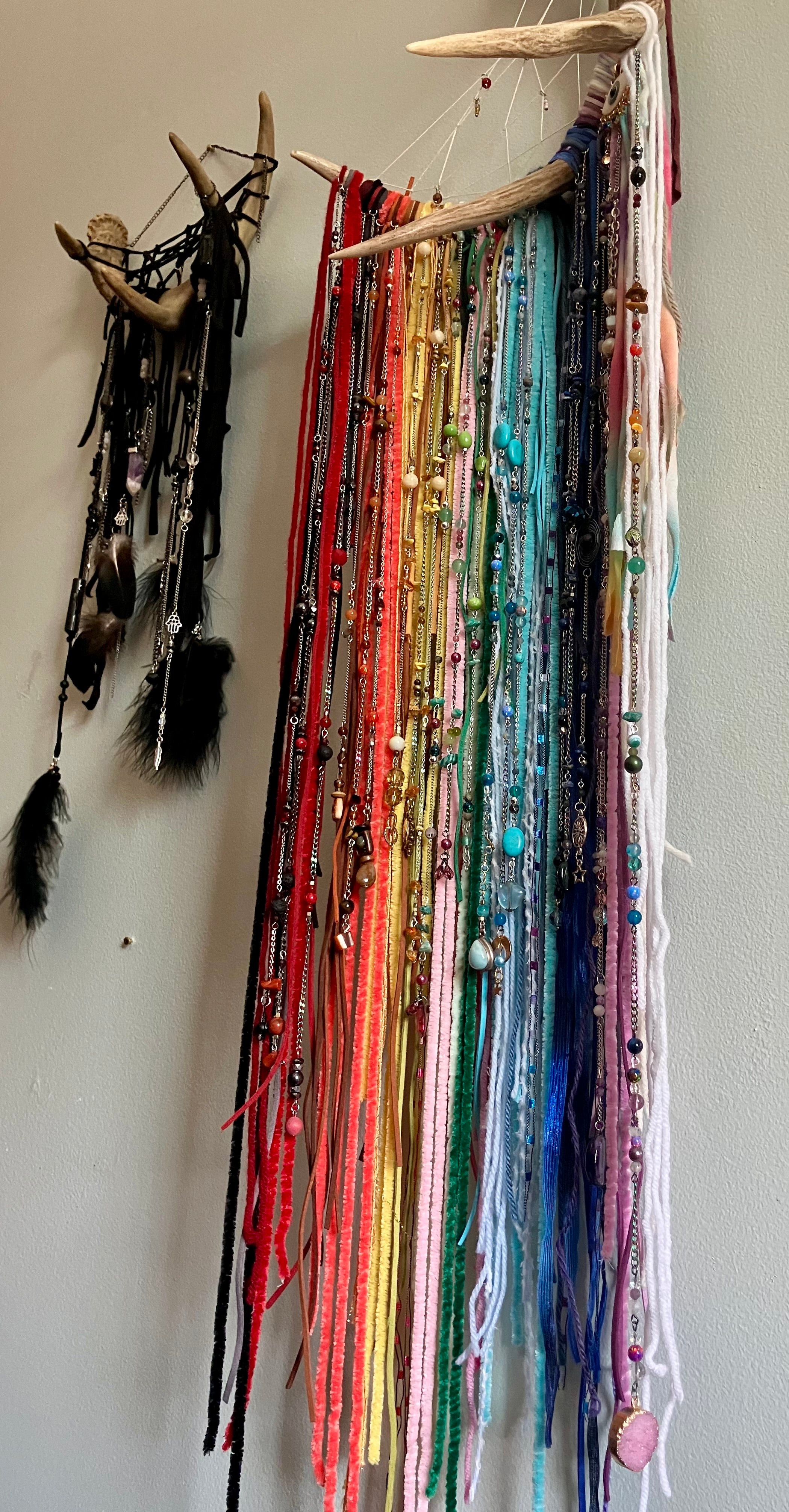 Crystal Beaded Fringe Antler Wall Hanging- Evil Eye Protection- Chakras or LGBTQ Pride