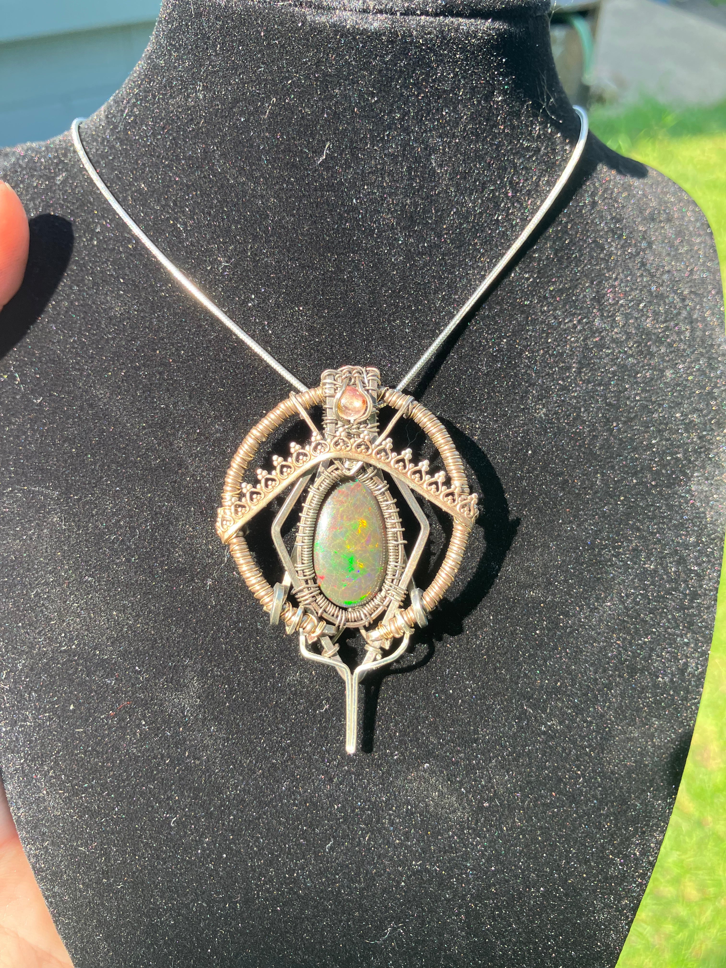 10 carat Black Opal & Pink Tourmaline Wire Wrapped Amulet in 925 Sterling Silver