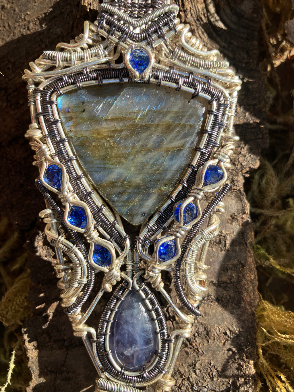 Labradorite Trillion, Iolite and Faceted Blue Quartz Wire Wrapped Amulet Statement Pendant in Two-tone Copper