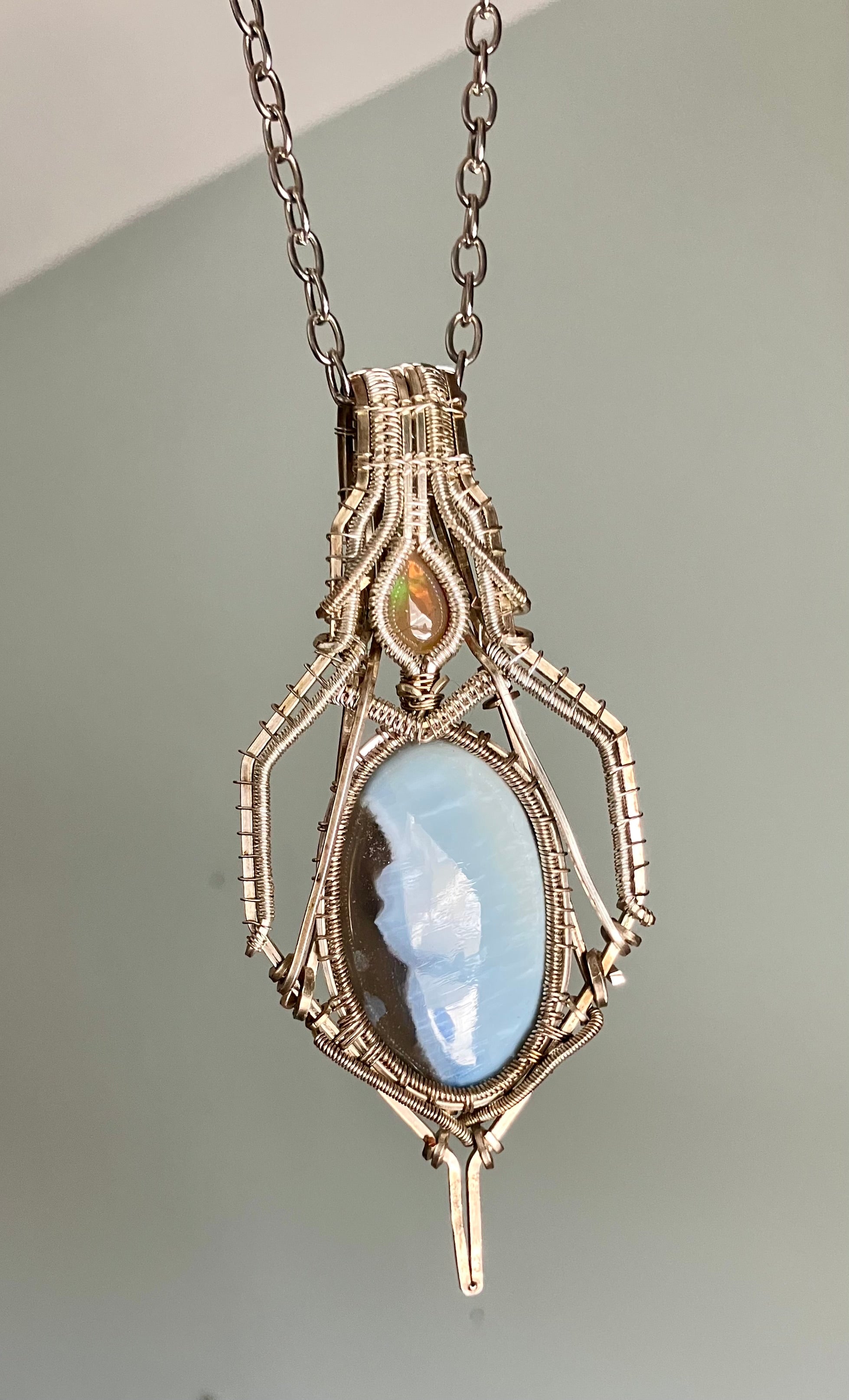 White & Blue Opal Crystal Wire Wrapped Amulet Pendant in 925 Sterling Silver