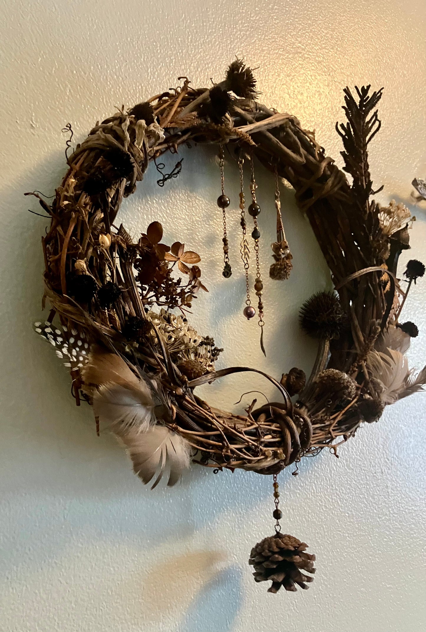 Foraged Flora, Fauna, Feather Crystal Charm 10” Wreath- Citrine, Pietersite, Tigers Eye- Abundance- Prosperity- High Vibrational