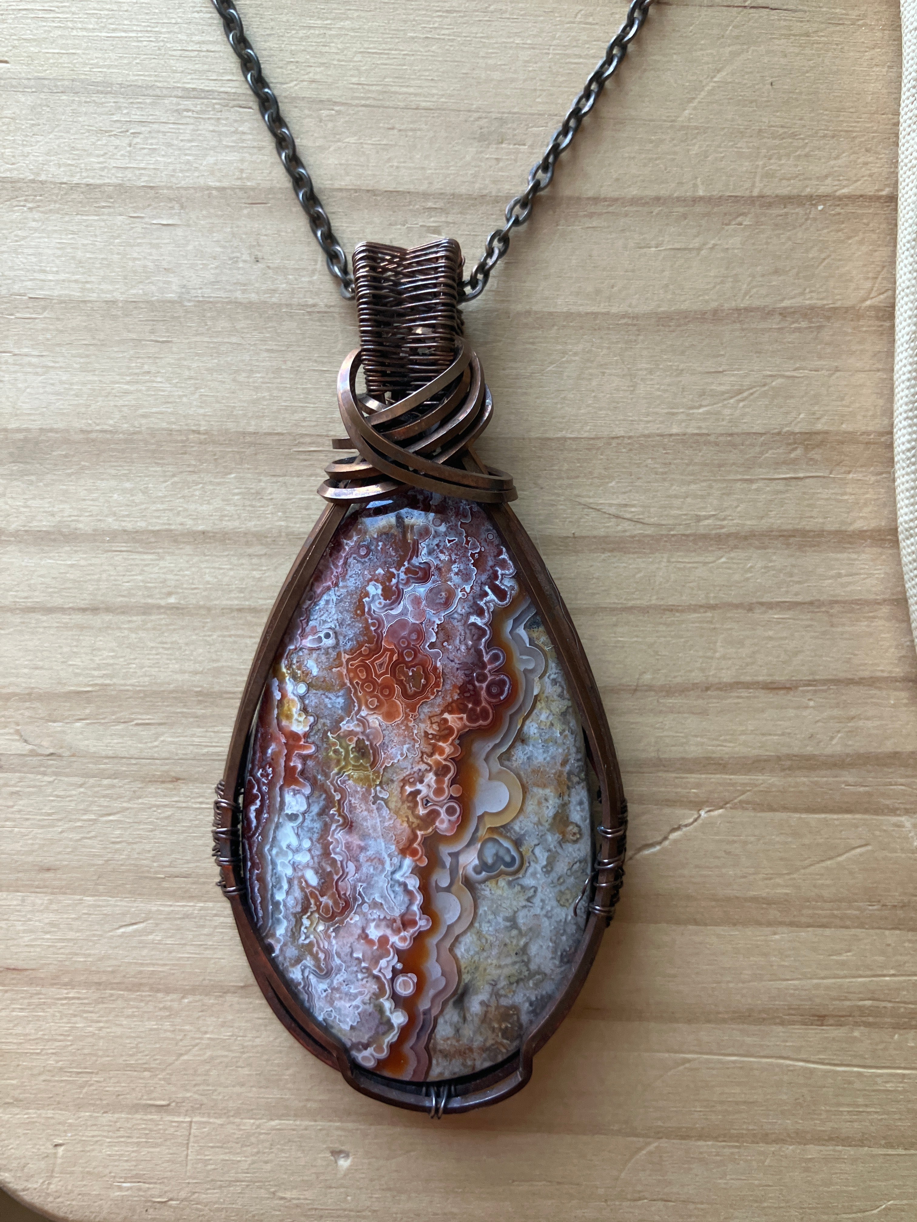 Crazy Lace Agate Crystal Wire Wrapped Pendant in Tarnished Copper