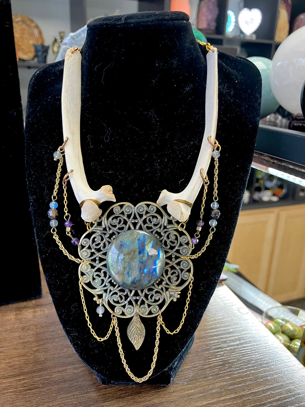 Ceremonial Deer Bone Amulet w/ Labradorite, Amethyst & Pietersite- Increase Abilities- Aura Shielding- Third Eye