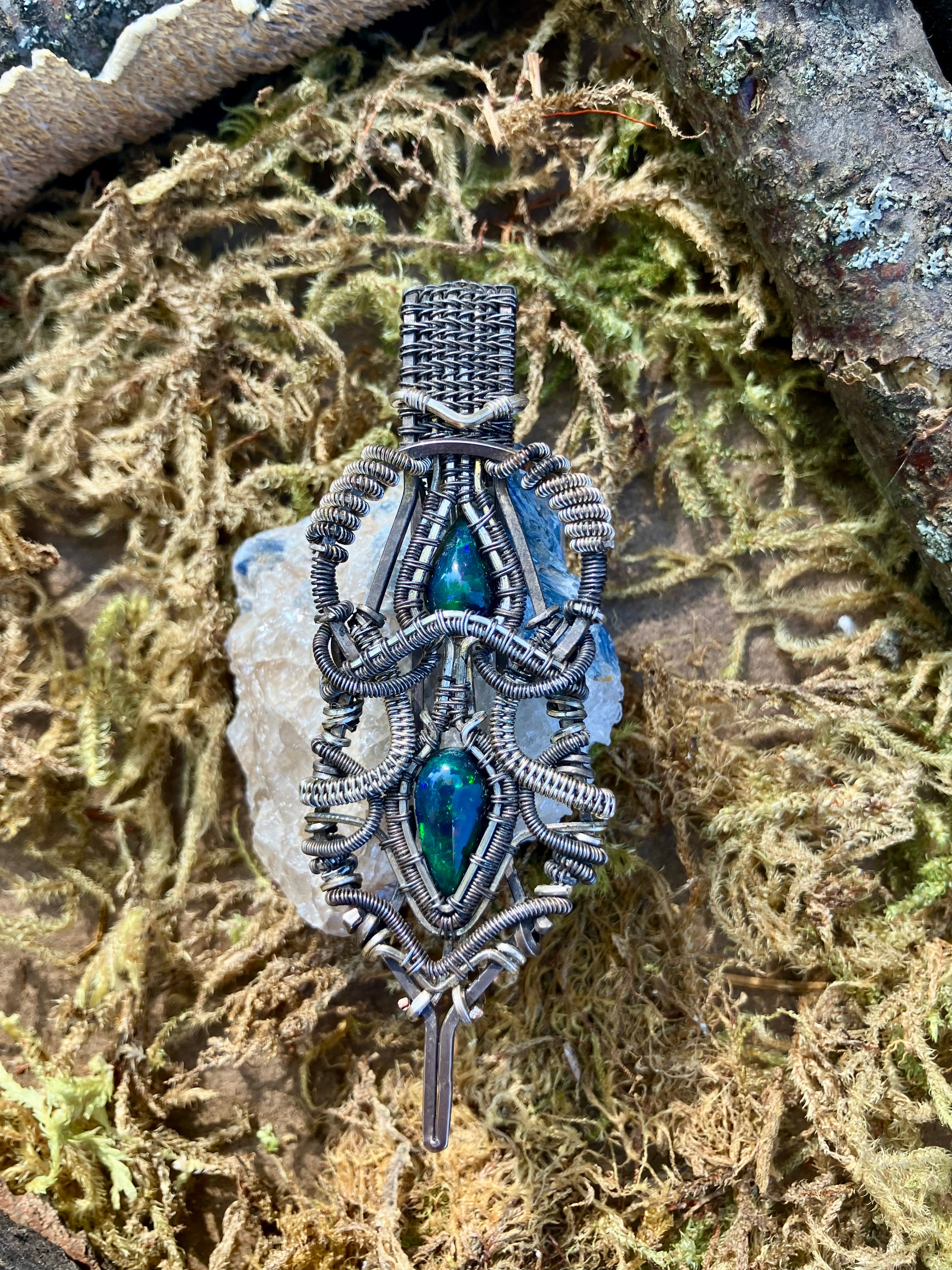 Double Australian Black Opal Crystal Wire Wrapped Amulet Pendant in 925 Sterling Silver