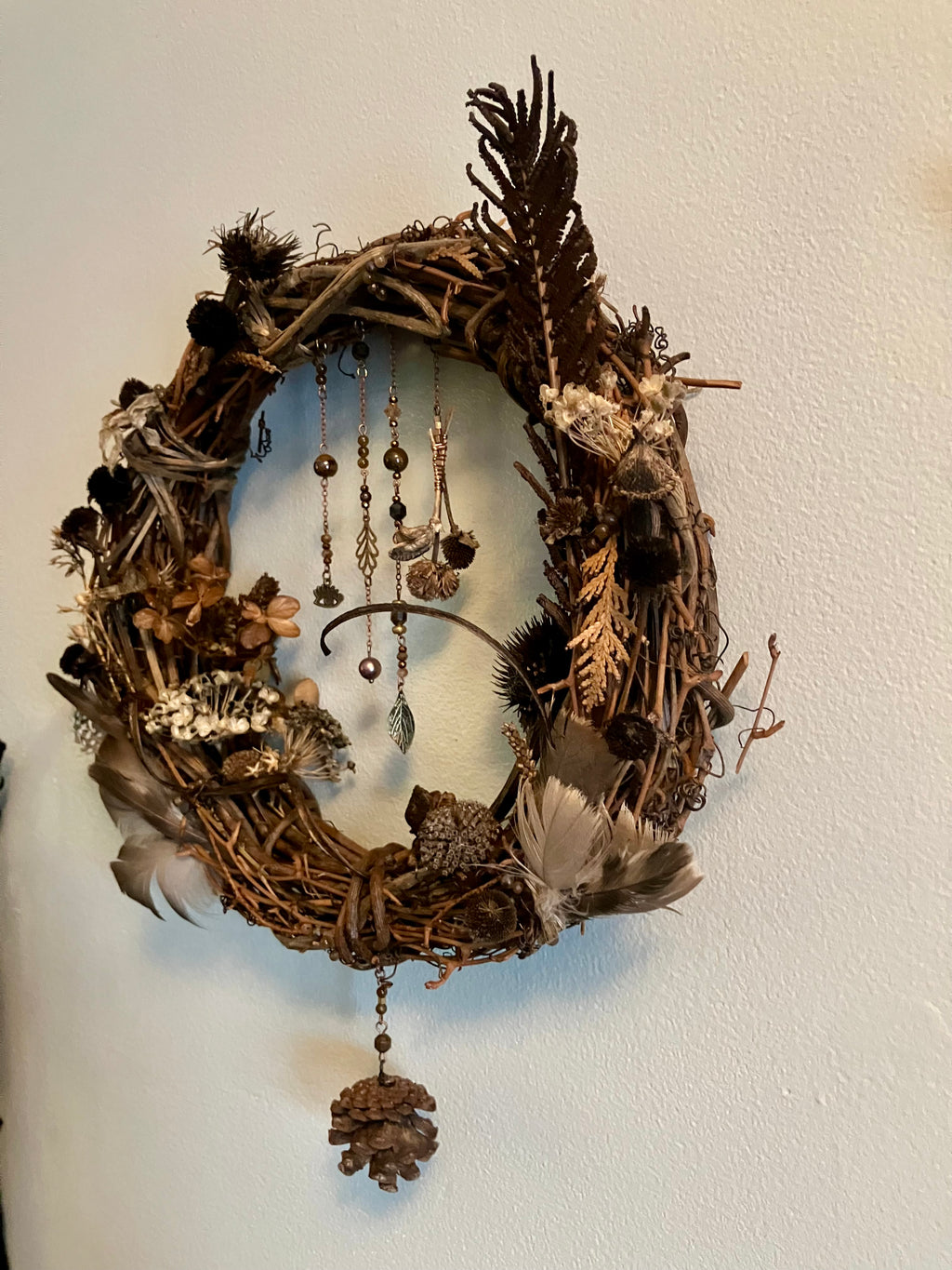 Foraged Flora, Fauna, Feather Crystal Charm 10” Wreath- Citrine, Pietersite, Tigers Eye- Abundance- Prosperity- High Vibrational