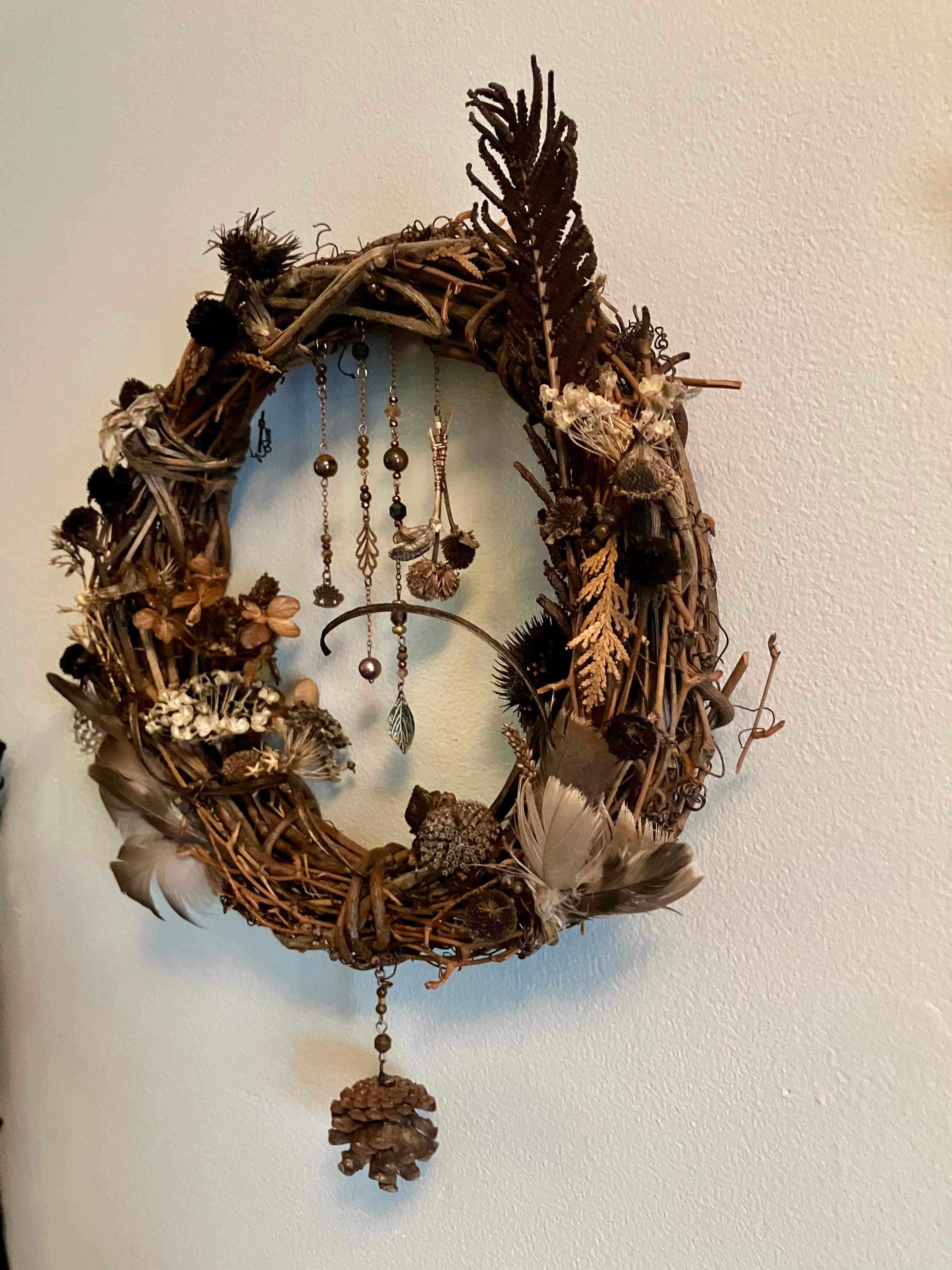 Foraged Flora, Fauna, Feather Crystal Charm 10” Wreath- Citrine, Pietersite, Tigers Eye- Abundance- Prosperity- High Vibrational